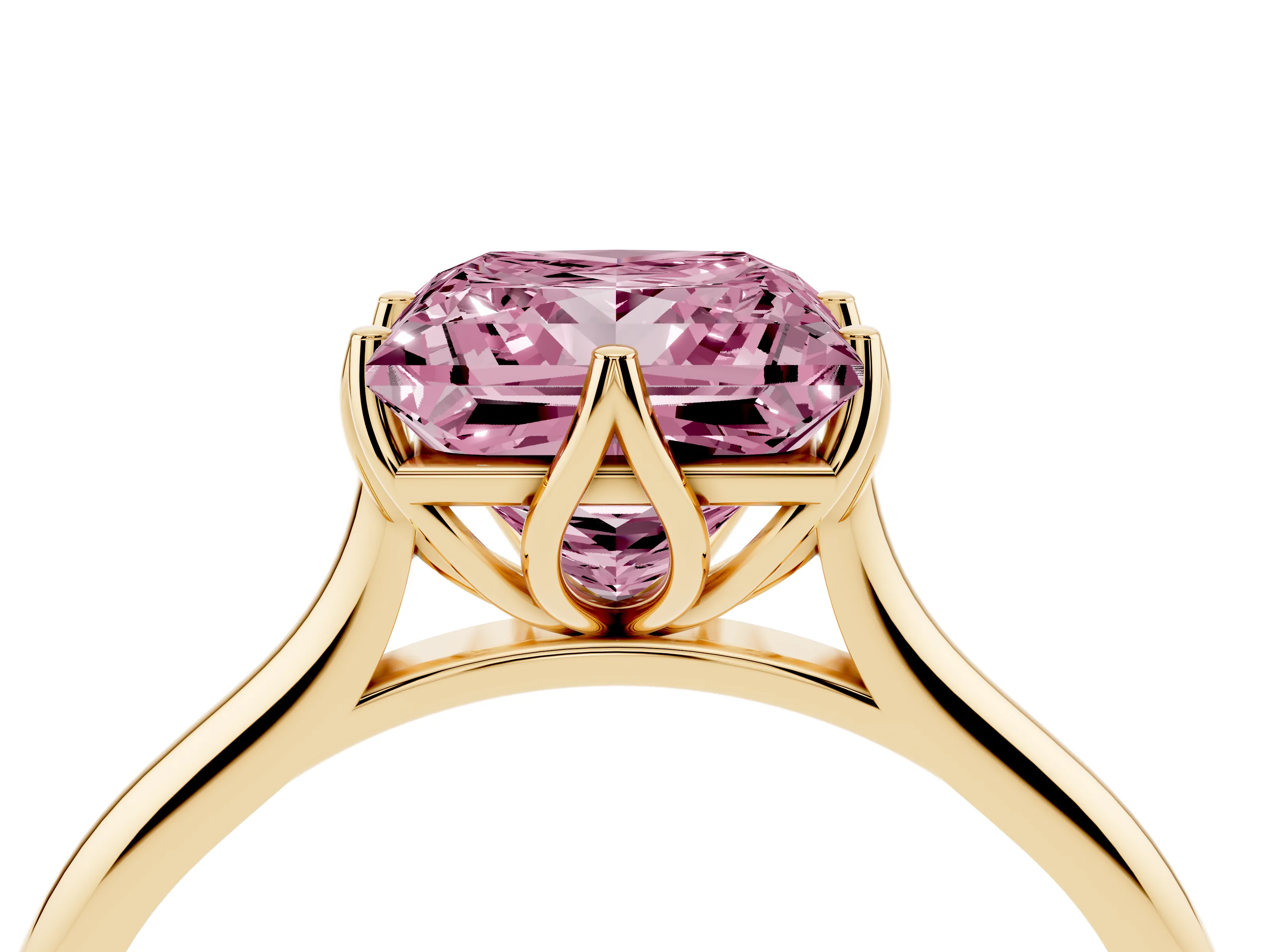 Fancy Pink Princess Cut Diamond Solitaire Cathedral Ring Set in Yellow gold with Prong Setting