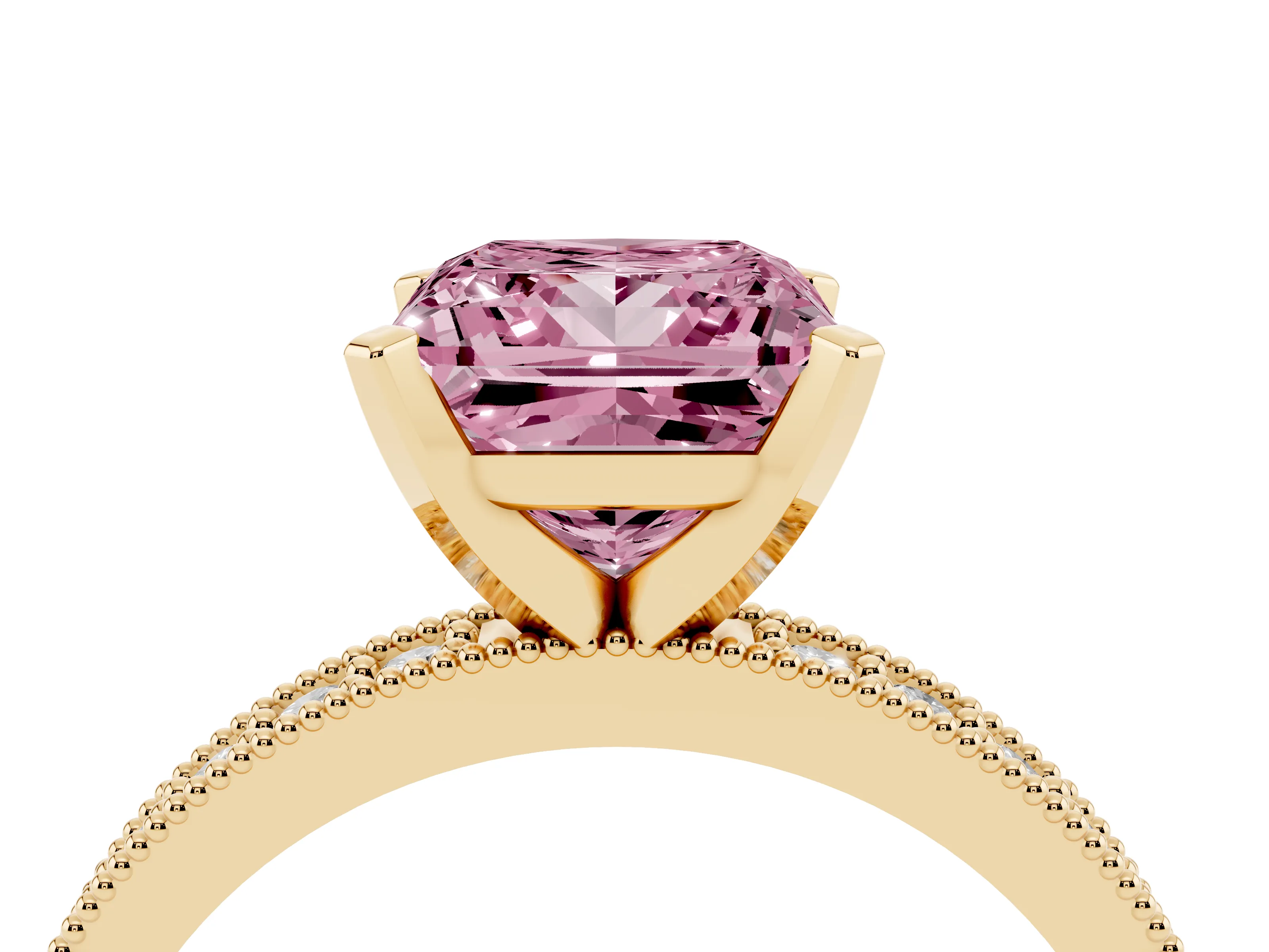 Fancy Pink Princess Cut Diamond Milgrain Pavé Engagement Ring Set in Yellow gold with Prong Setting