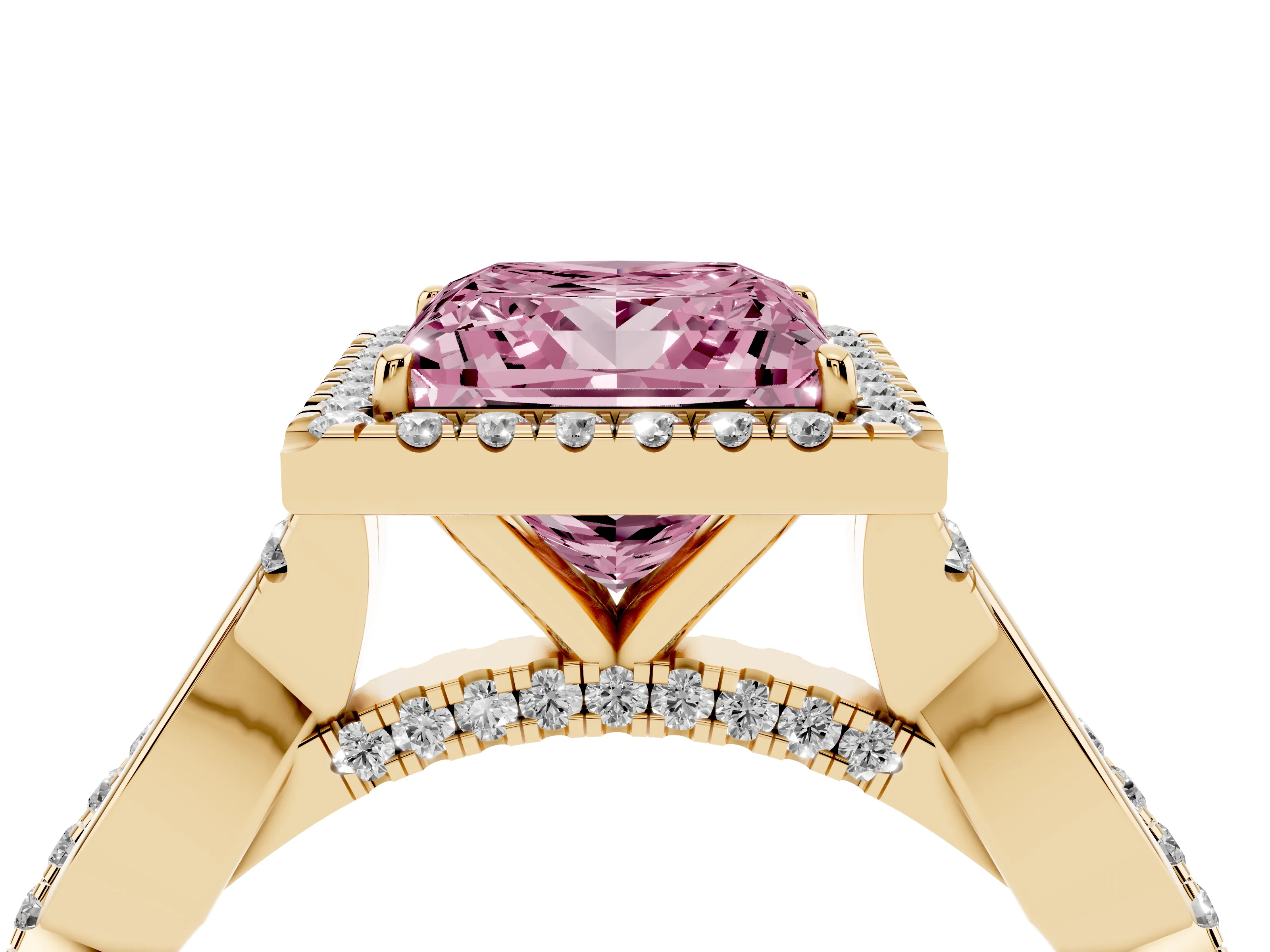 Fancy Pink Princess Cut Diamond Halo Twist Band Solitaire Ring Set in Yellow gold with Prong Setting