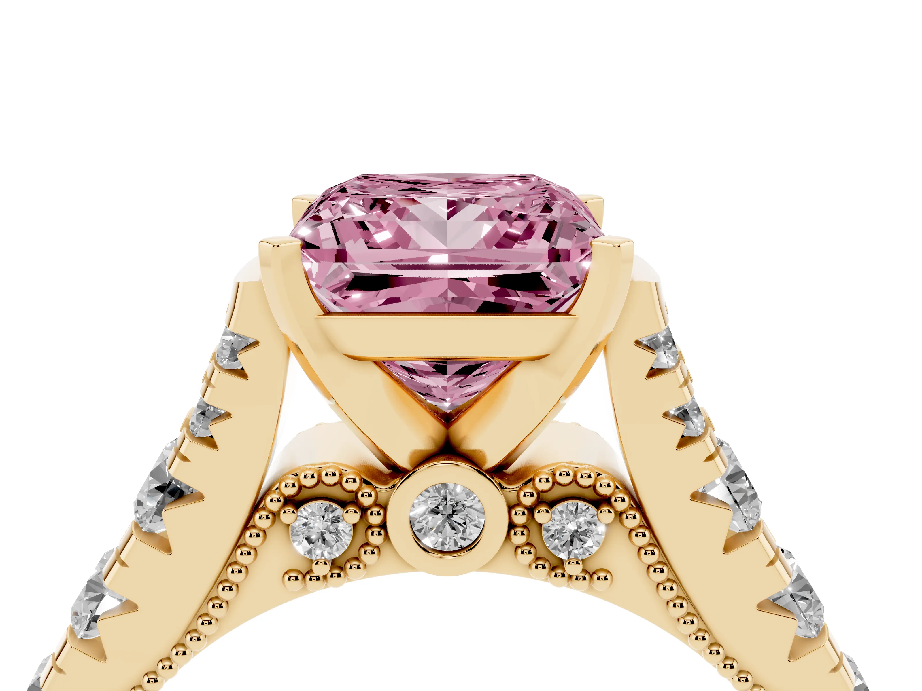 Fancy Pink Princess Cut Diamond Classic Solitaire Ring Set in Yellow gold with Pavé Band and Prong Setting