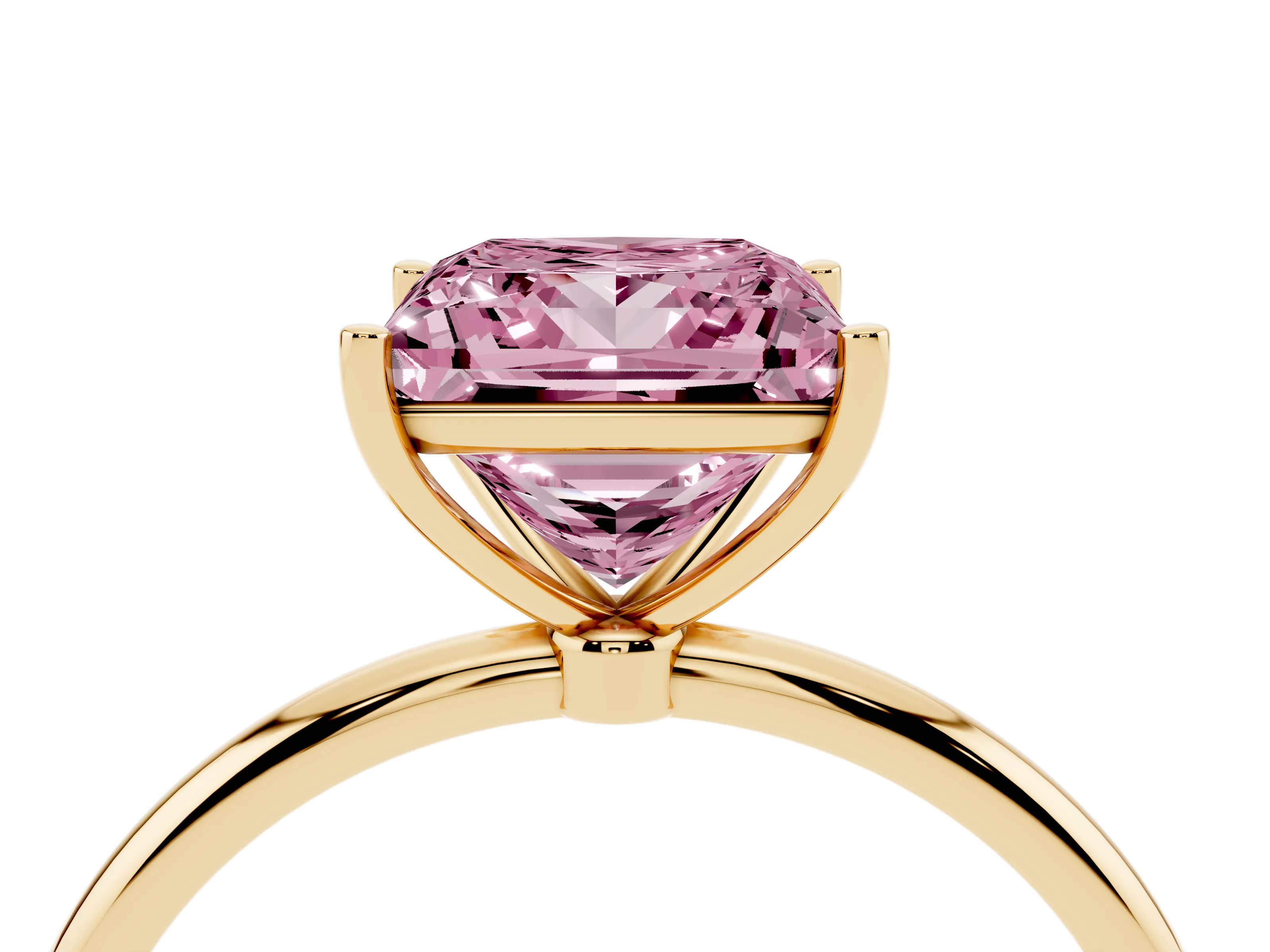 Fancy Pink Princess Cut Diamond Solitaire Engagement Ring Set in Yellow gold with Thin Band and Prong Setting
