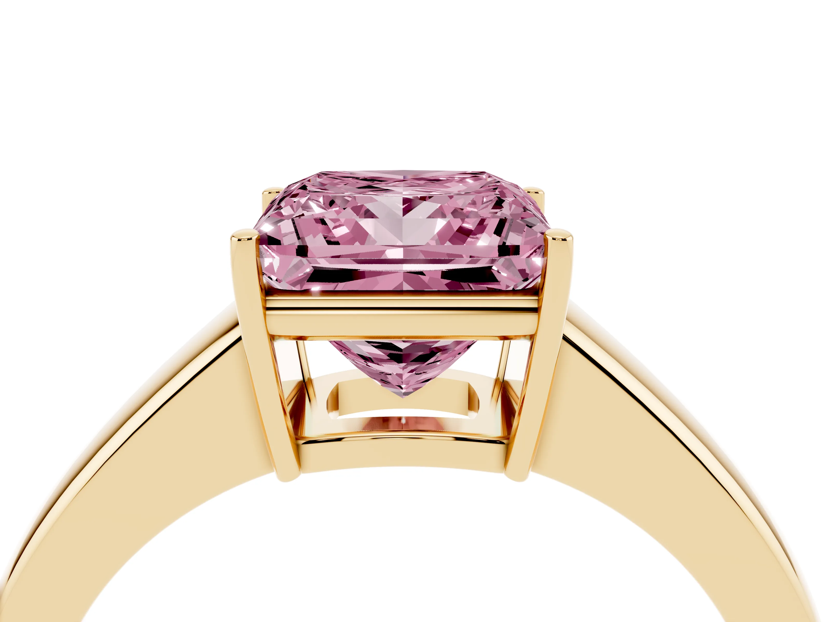 Fancy Pink Princess Cut Diamond Solitaire Ring Set in Yellow gold with Tapered Band and Prong Setting