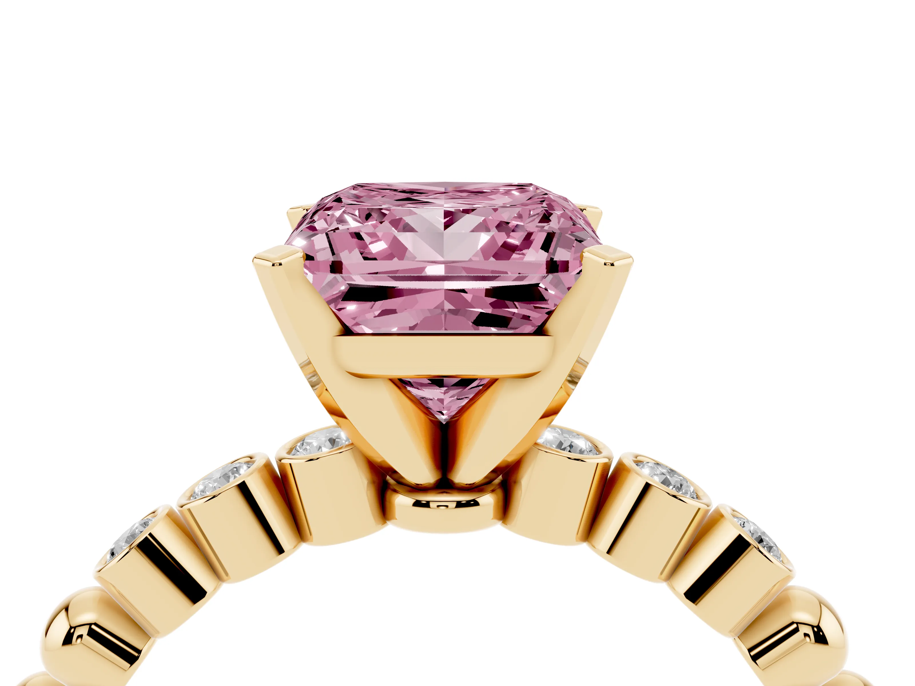 Fancy Pink Princess Cut Diamond Solitaire Engagement Ring Set in Yellow gold with Bezel Accents on Beaded Band