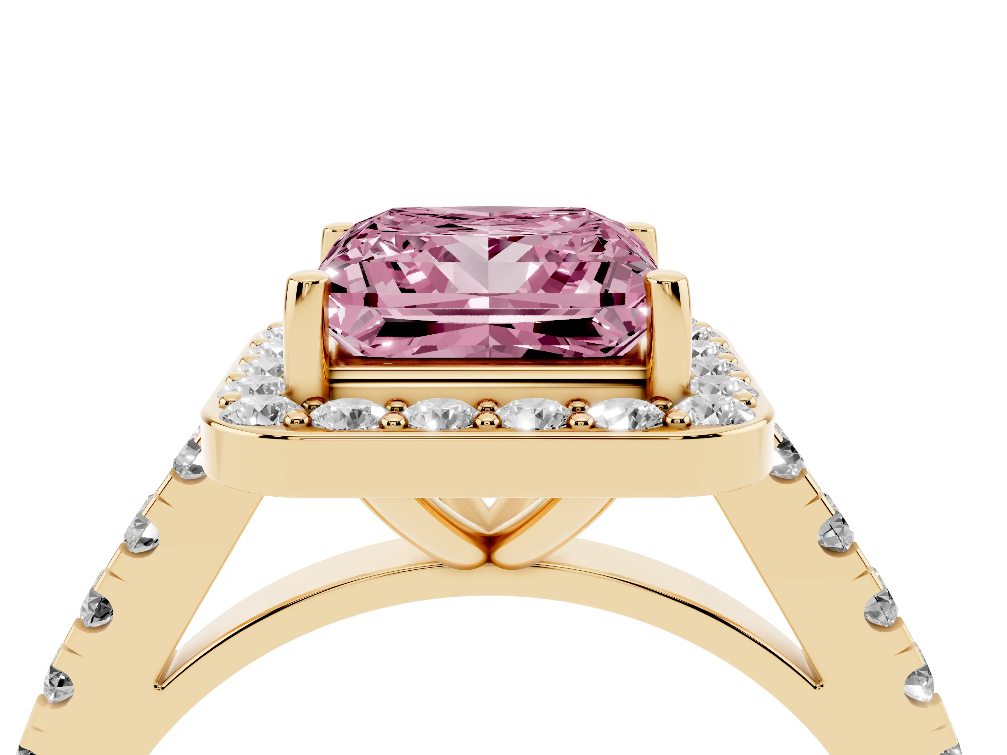 Fancy Pink Princess Cut Diamond Halo Ring Set in Yellow gold with Round Pavé Split Shank and Prong Setting