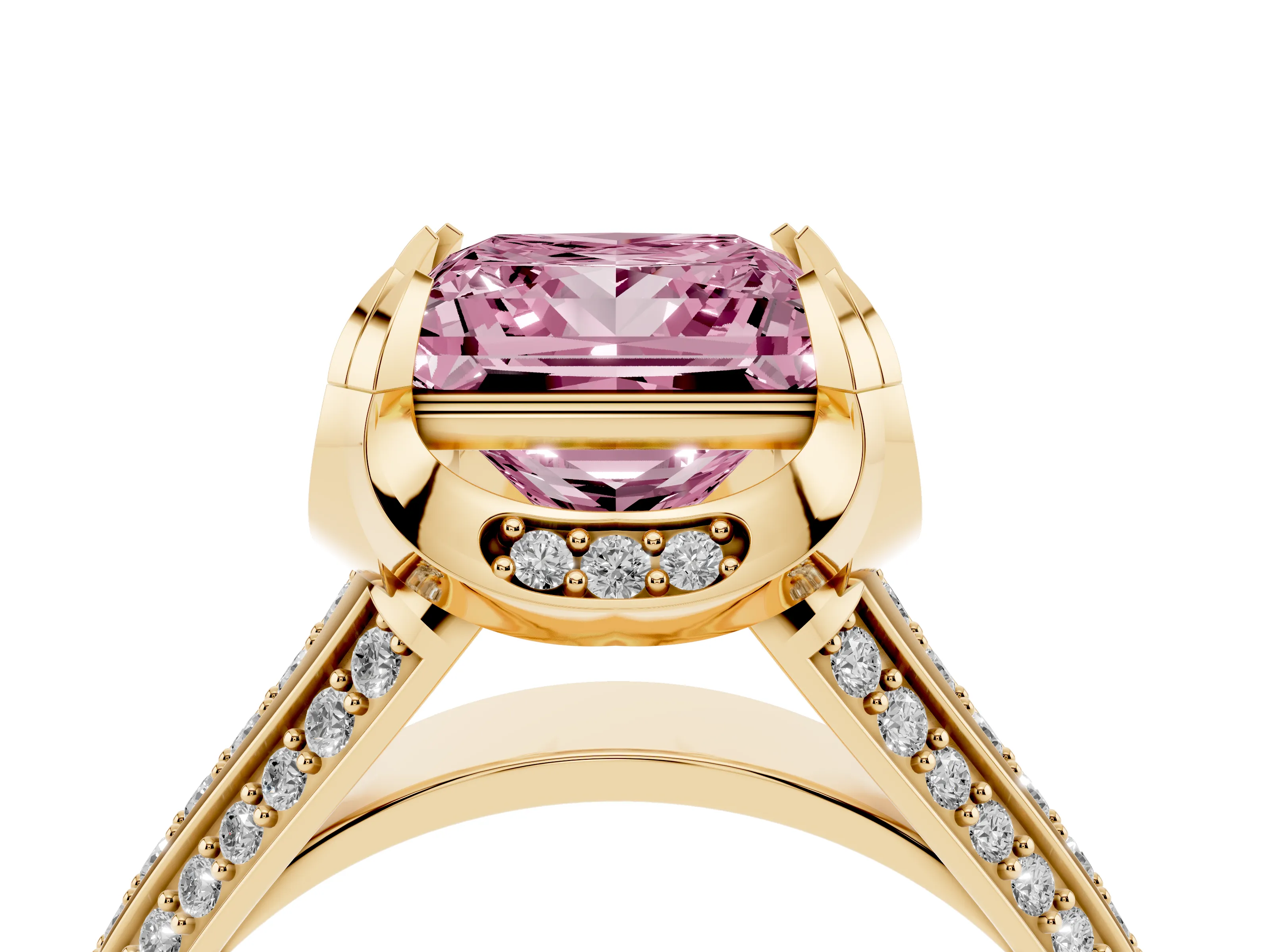 Fancy Pink Princess Cut Diamond Pavé Split Shank Solitaire Ring Set in Yellow gold with Prong Setting