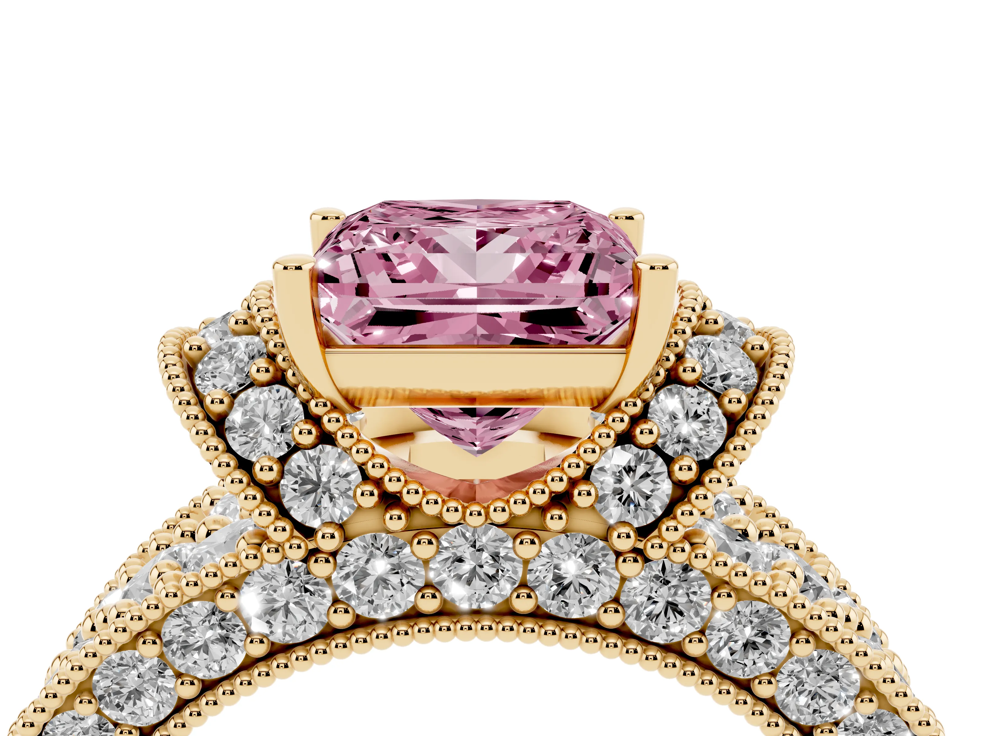 Fancy Pink Princess Cut Diamond Milgrain Halo Pavé Engagement Ring Set in Yellow gold with Prong Setting