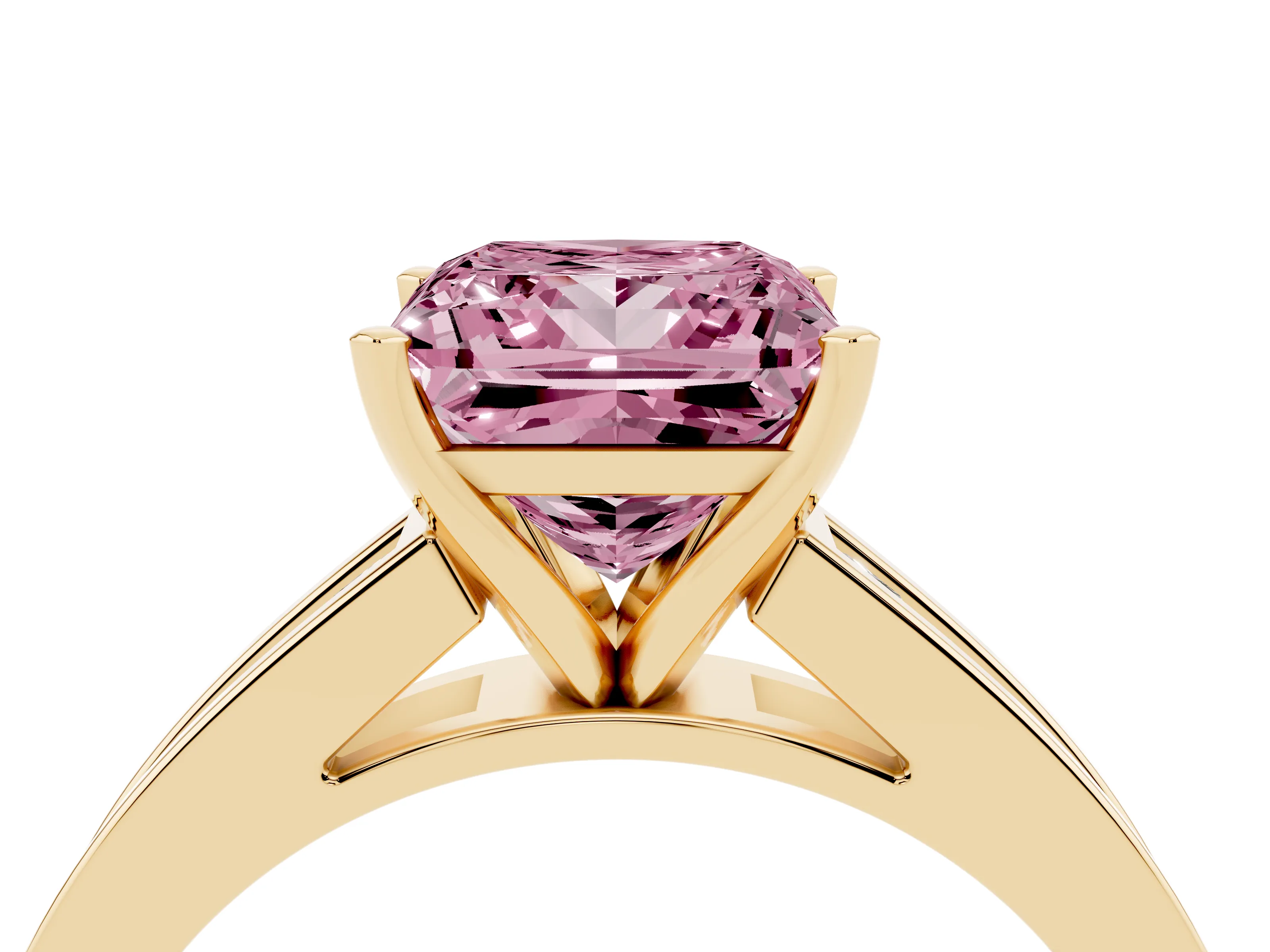 Fancy Pink Princess Cut Diamond Solitaire Ring Set in Yellow gold with Channel-Set Band and Prong Setting
