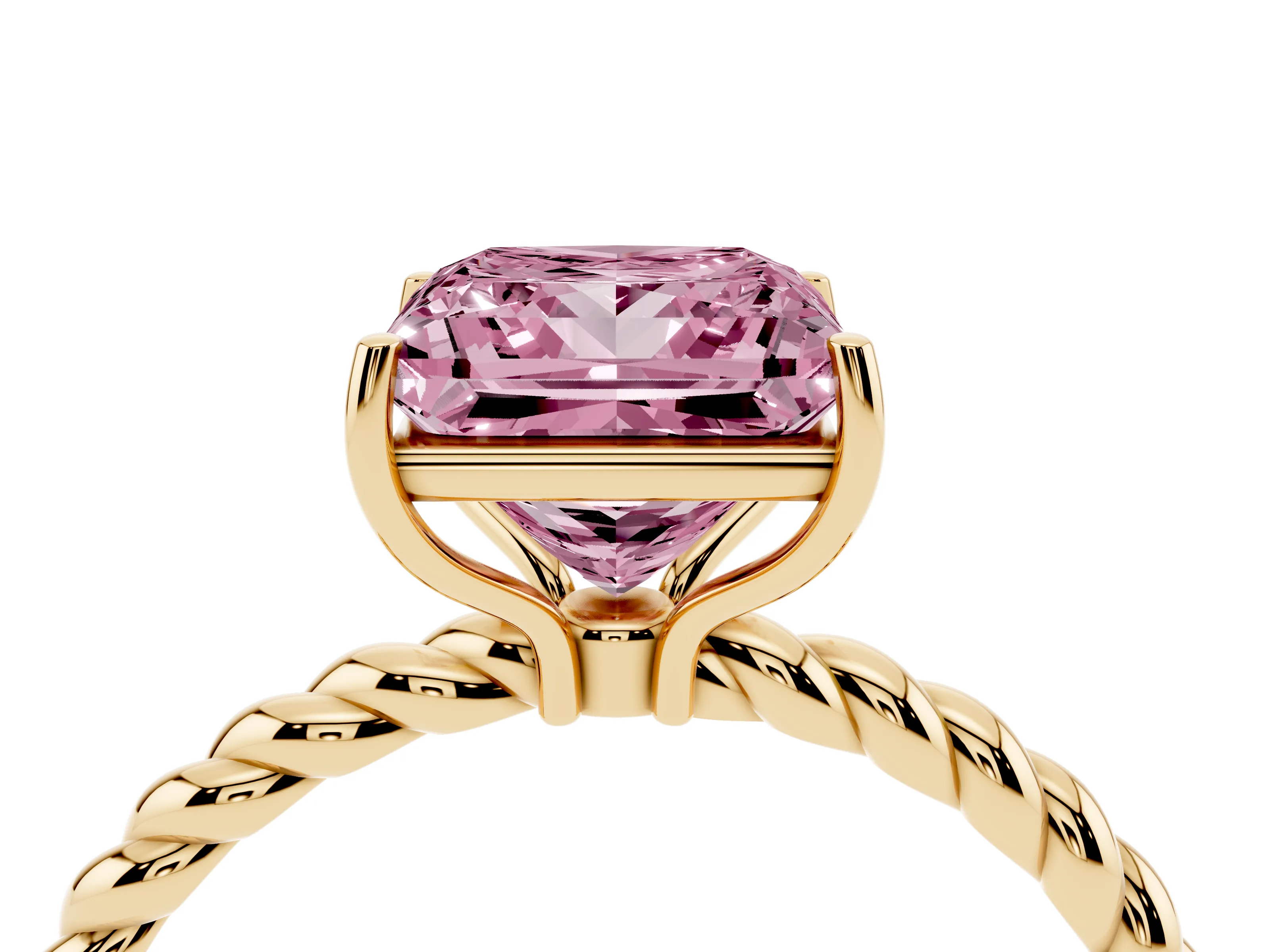 Fancy Pink Princess Cut Diamond Solitaire Ring Set in Yellow gold with Twist Band and Prong Setting