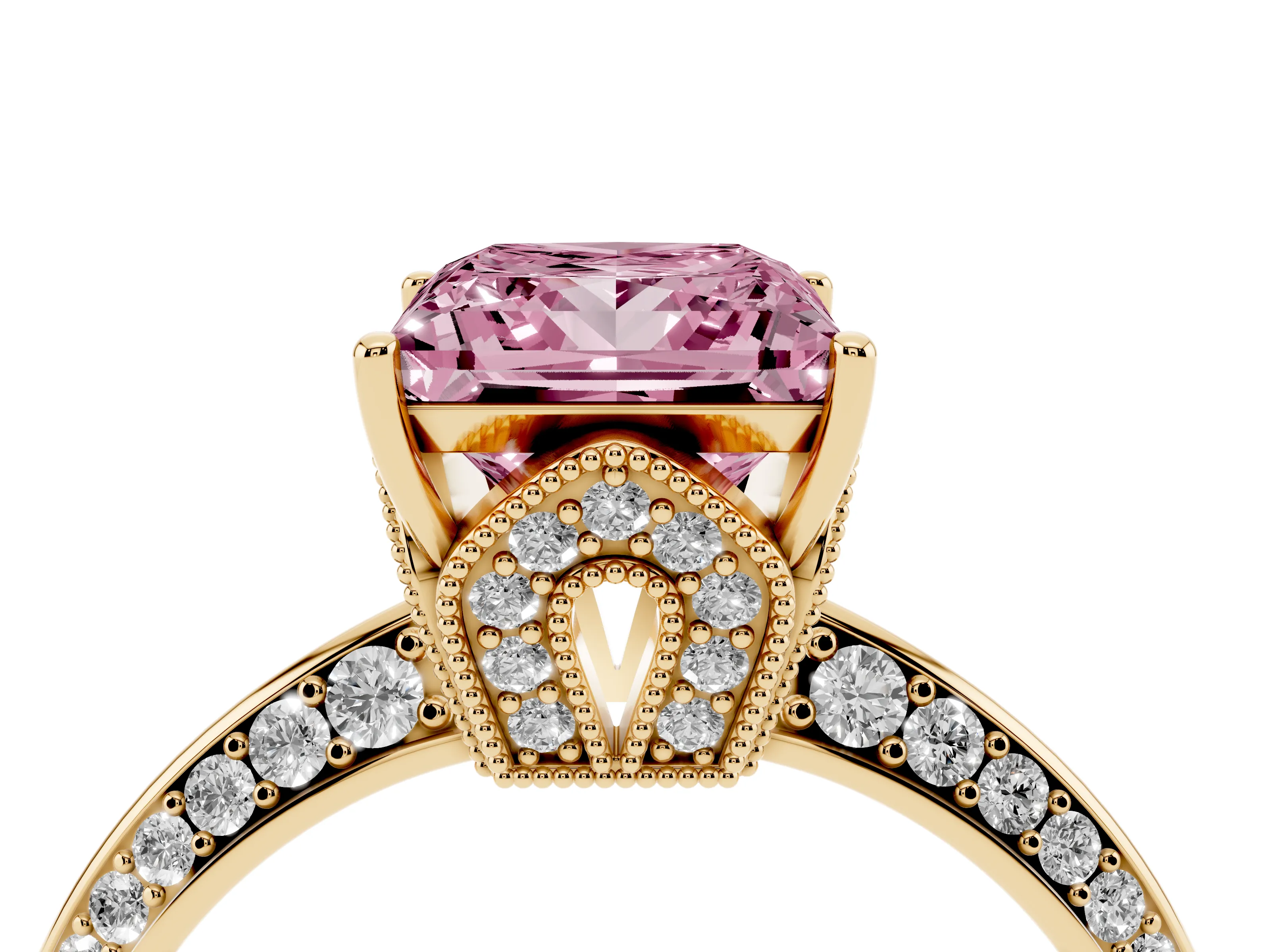 Fancy Pink Princess Cut Diamond Solitaire Engagement Ring Set in Yellow gold with Pavé Split Shank and Prong Setting