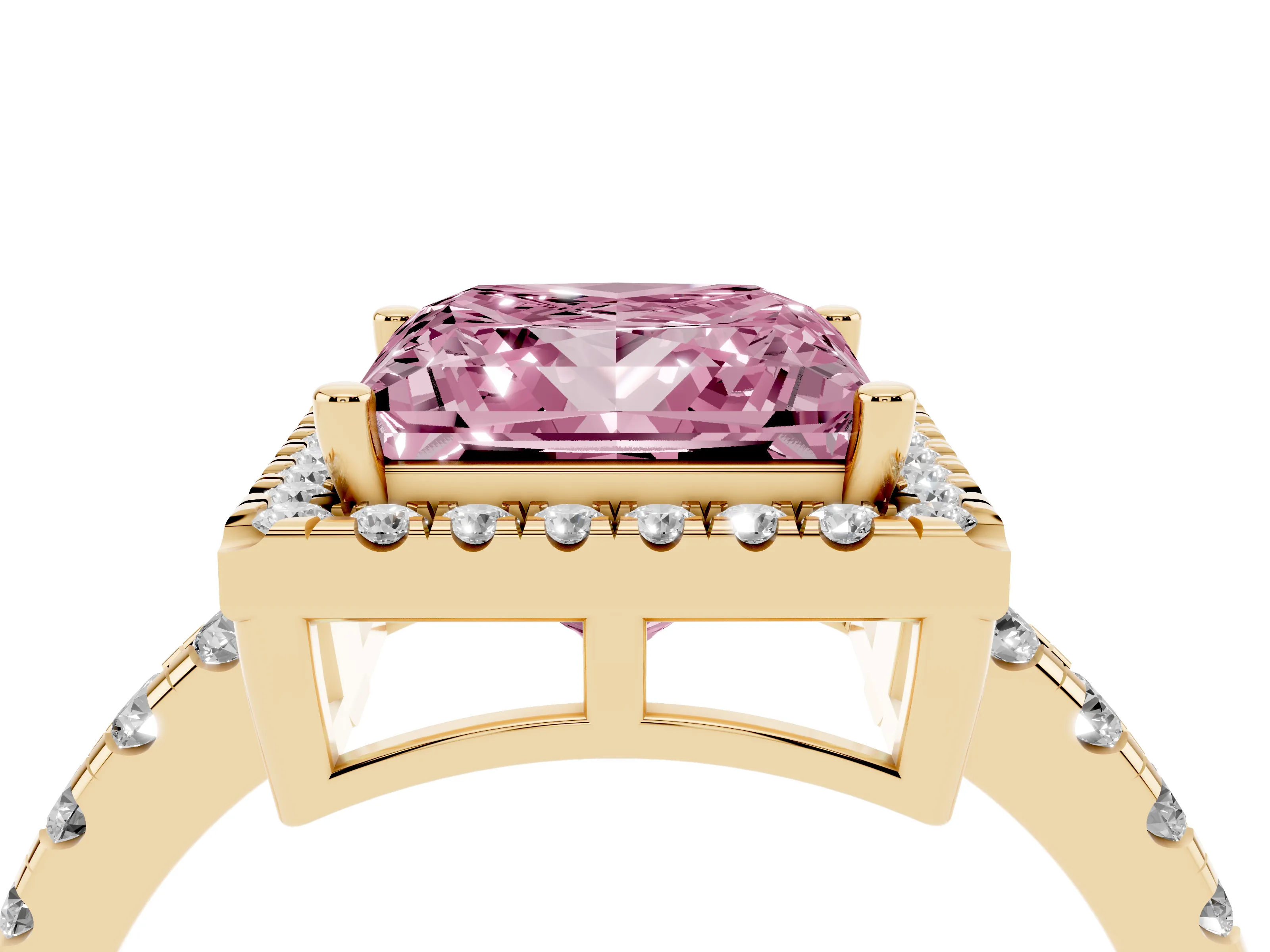 Fancy Pink Princess Cut Diamond Halo Ring Set in Yellow gold with Delicate Pavé Band and Prong Setting