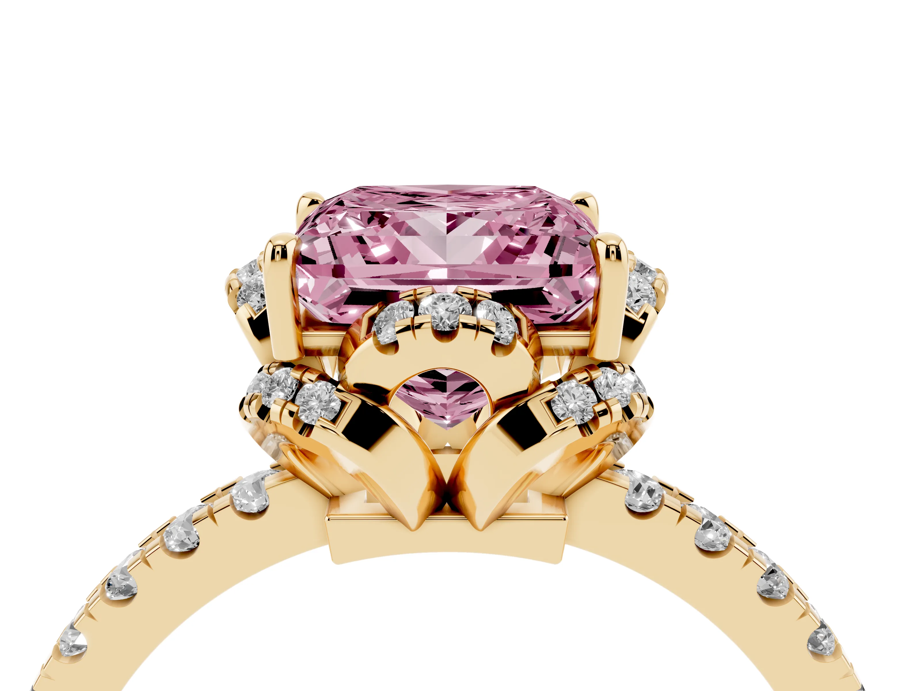 Fancy Pink Princess Cut Diamond Halo Pavé Band Ring Set in Yellow gold with Prong-Held Center