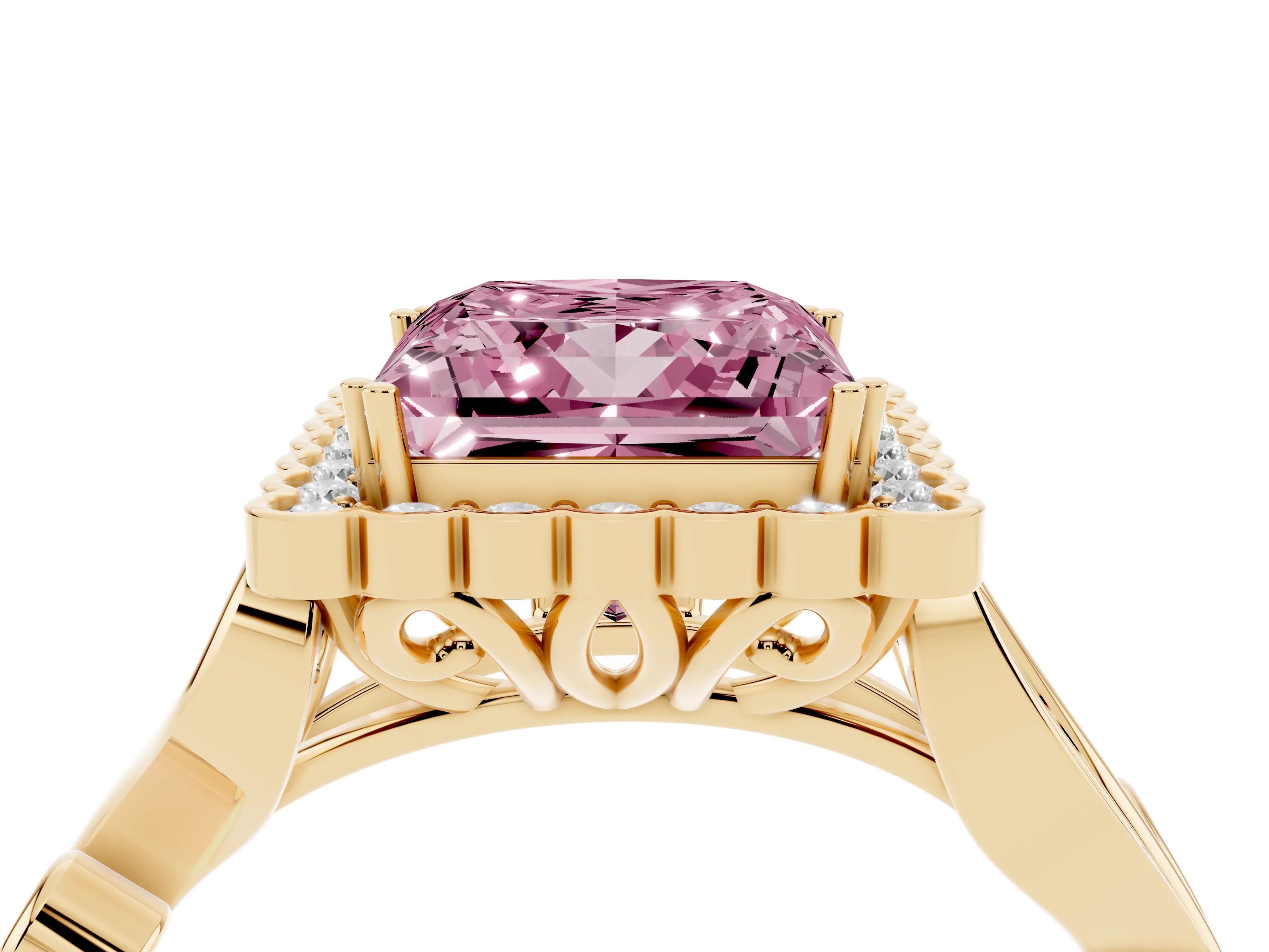 Fancy Pink Princess Cut Diamond Halo Ring Set in Yellow gold with Leaf Motif Split Shank and Prong Setting