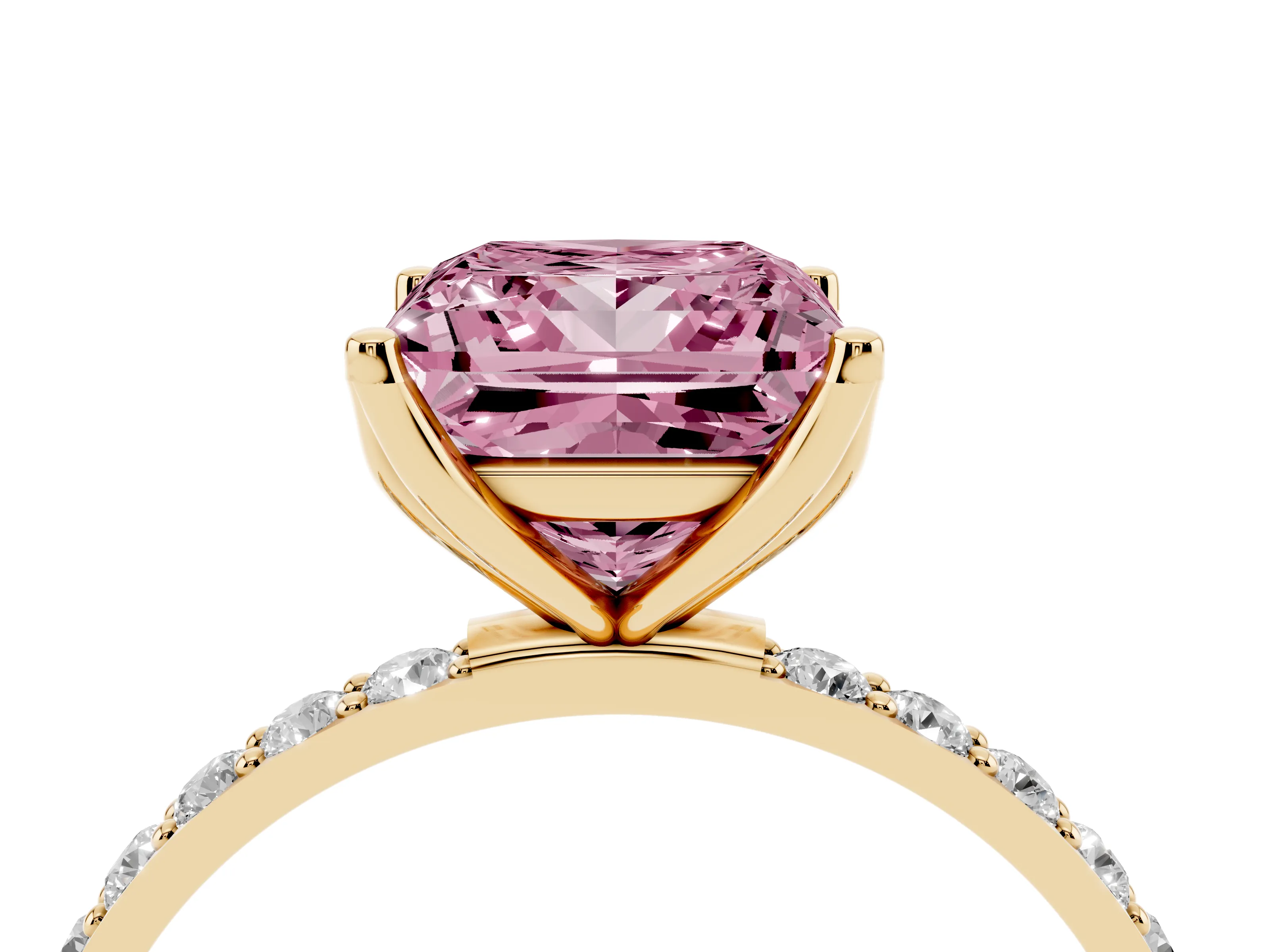Fancy Pink Princess Cut Diamond Solitaire Engagement Ring Set in Yellow gold with Round Pavé Band and Prong Setting