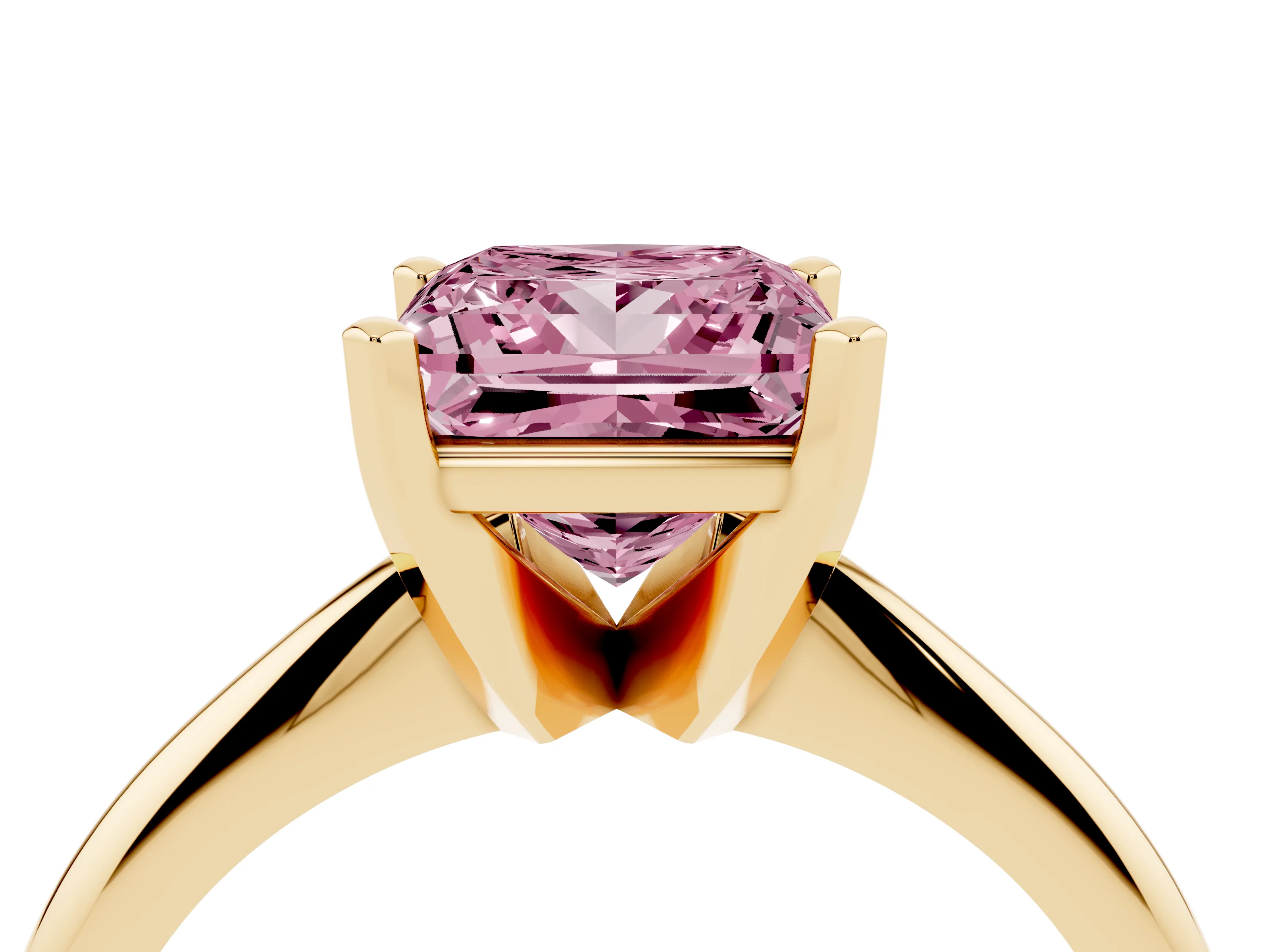 Fancy Pink Princess Cut Diamond Solitaire Ring Set in Yellow gold with Prong Setting on a Plain Round Band