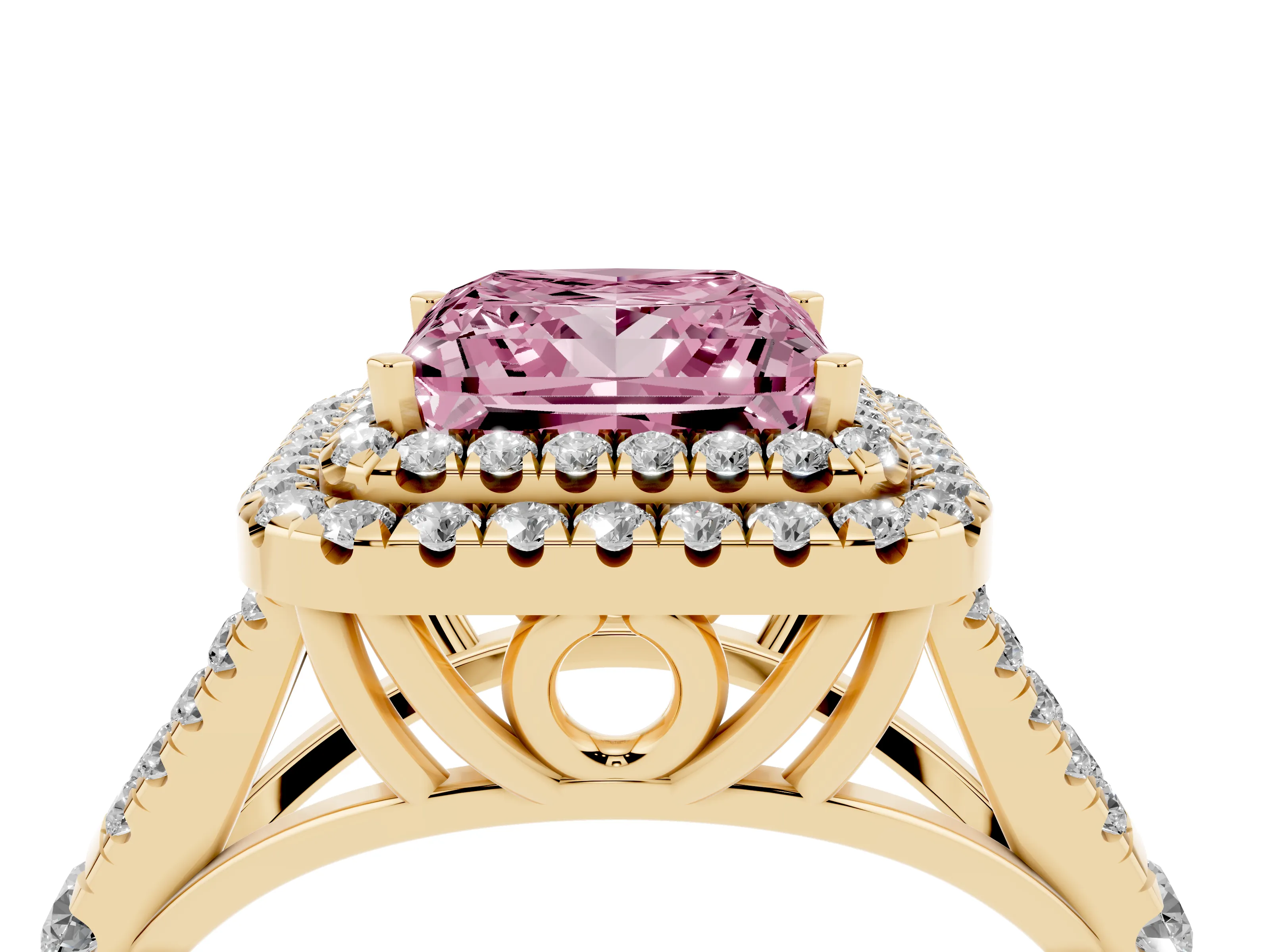 Fancy Pink Princess Cut Diamond Pavé Split Shank Double Halo Engagement Ring Set in Yellow gold