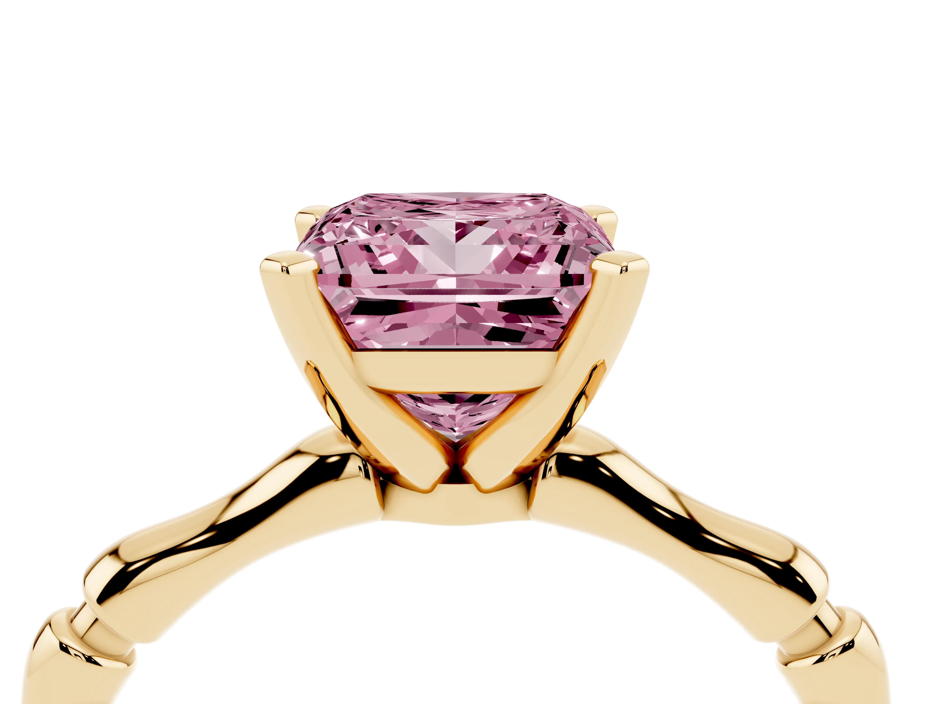 Fancy Pink Princess Cut Diamond Solitaire Ring Set in Yellow gold with Bamboo Band and Prong Setting