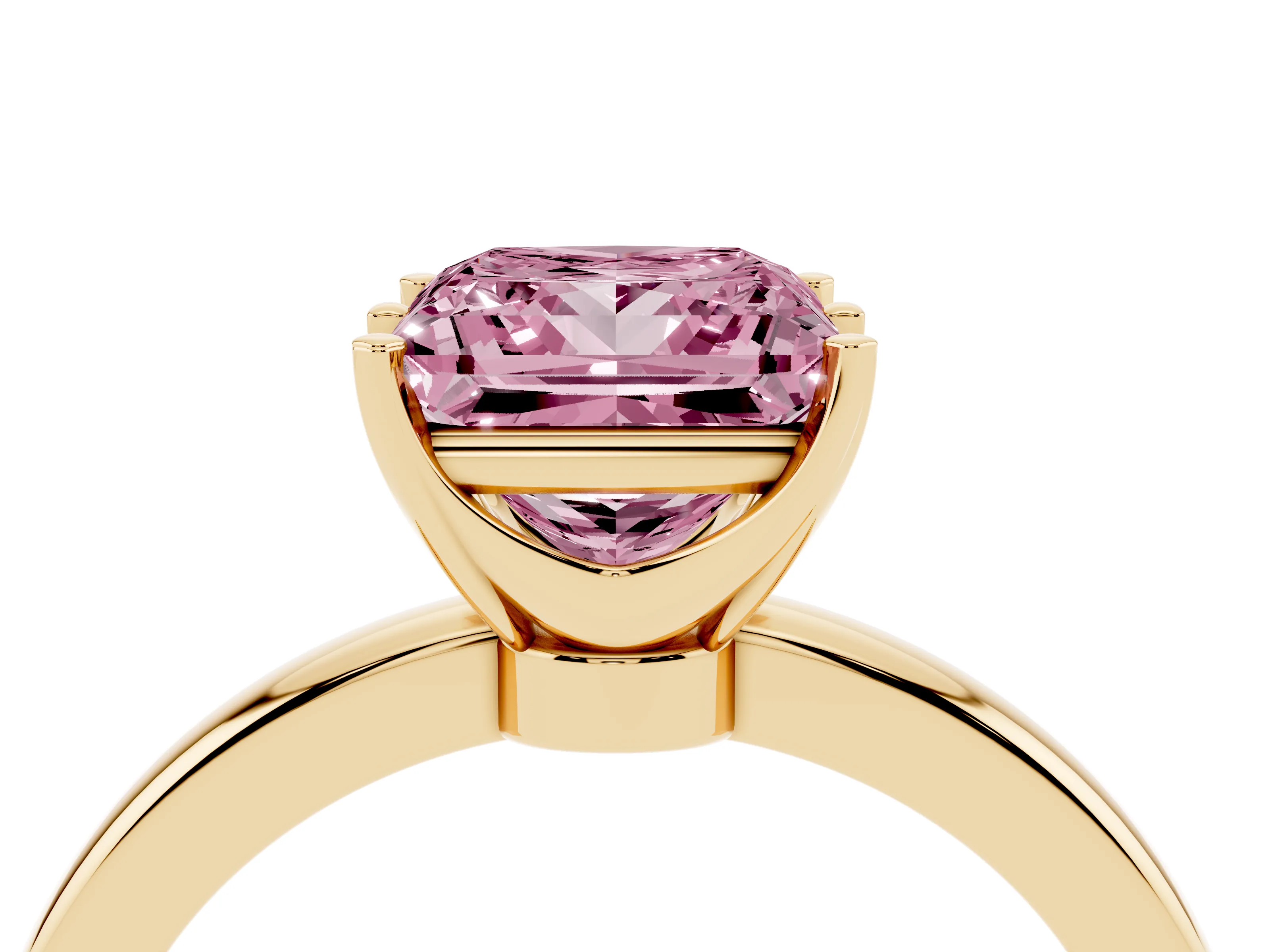 Fancy Pink Princess Cut Diamond Solitaire Ring Set in Yellow gold with Raised Prong Setting on a Classic Band
