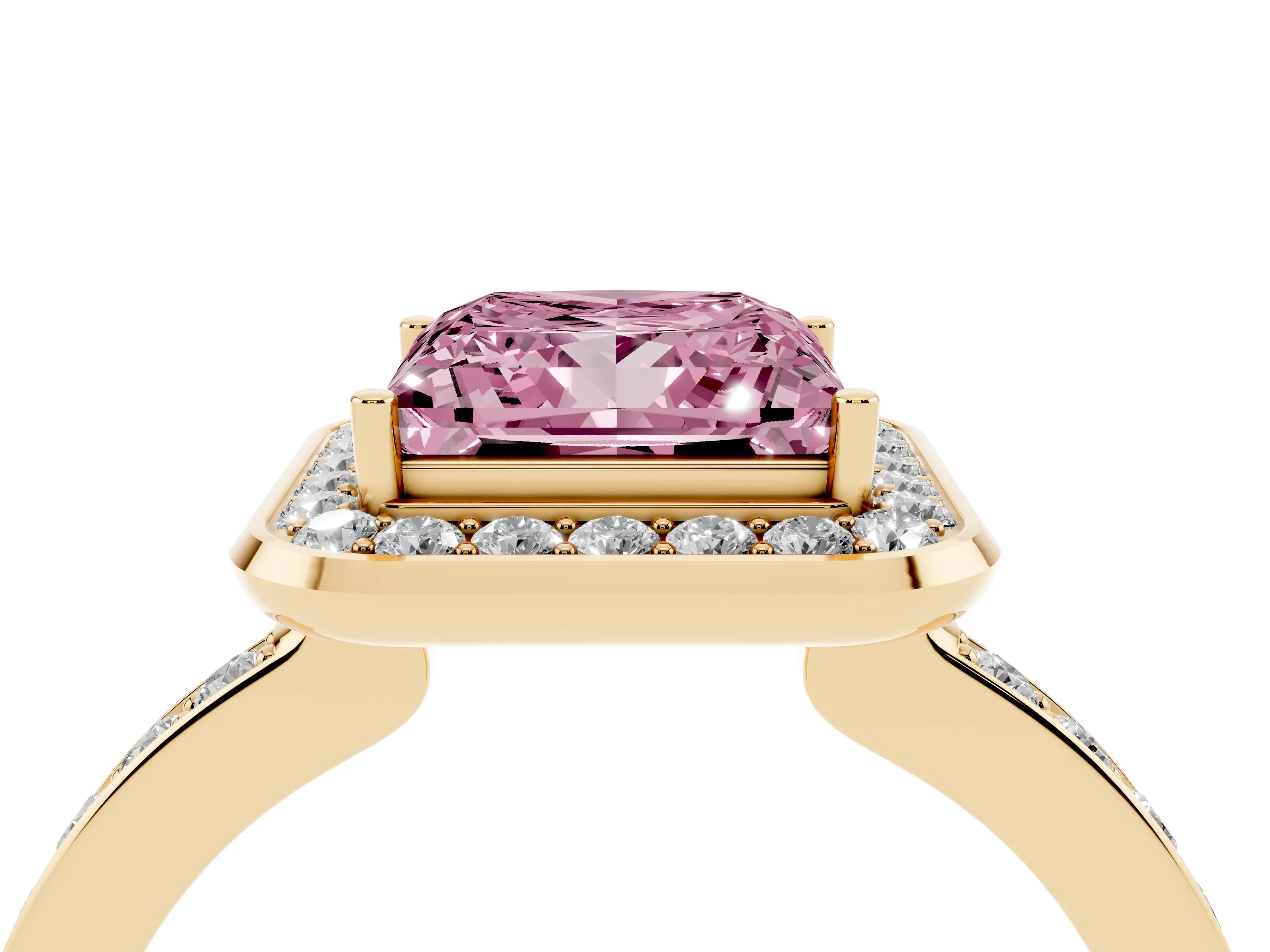 Fancy Pink Princess Cut Diamond Halo Ring Set in Yellow gold with Bezel Frame and Pavé Band