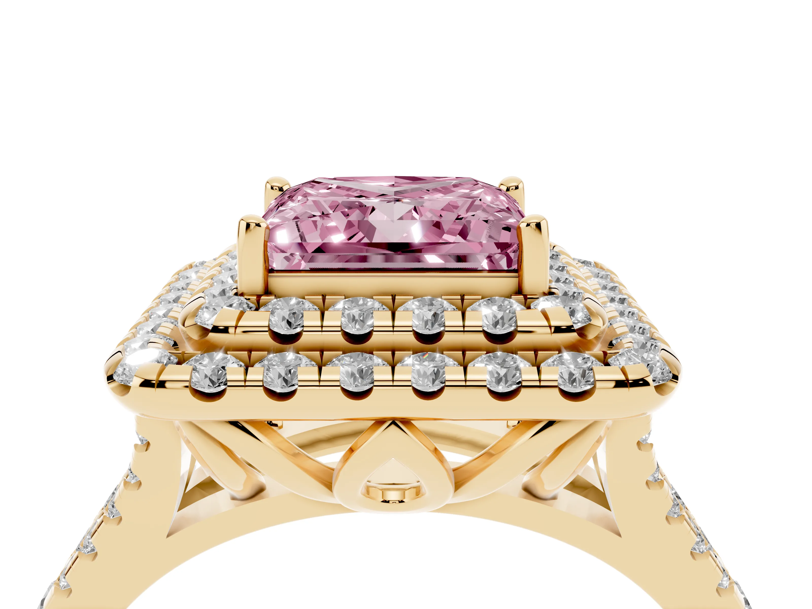 Fancy Pink Princess Cut Diamond Double Halo Ring Set in Yellow gold with Pavé Split Shank and Prong Setting