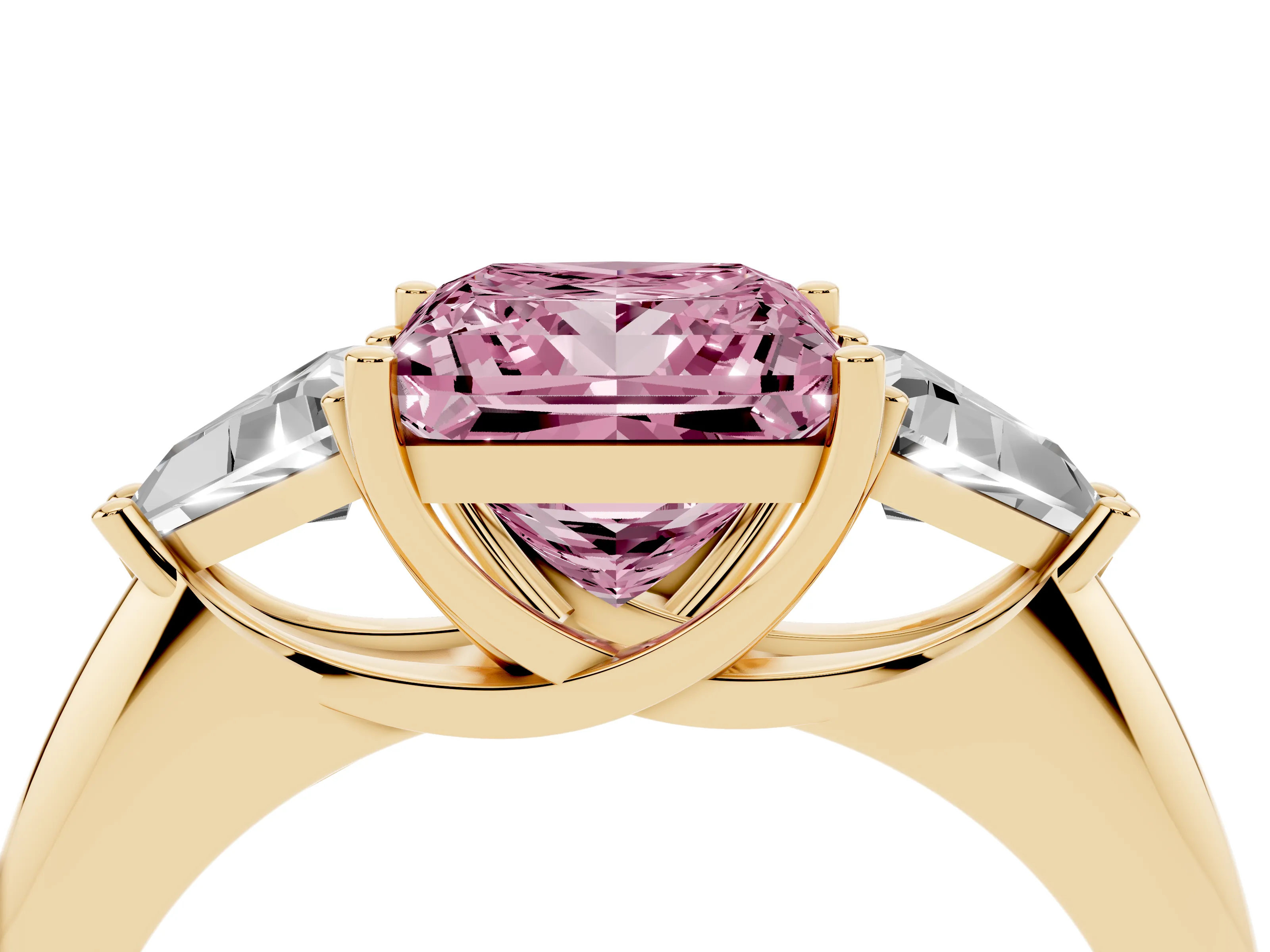 Fancy Pink Princess Cut Diamond Three-Stone Engagement Ring Set in Yellow gold with Trillion Side Stones