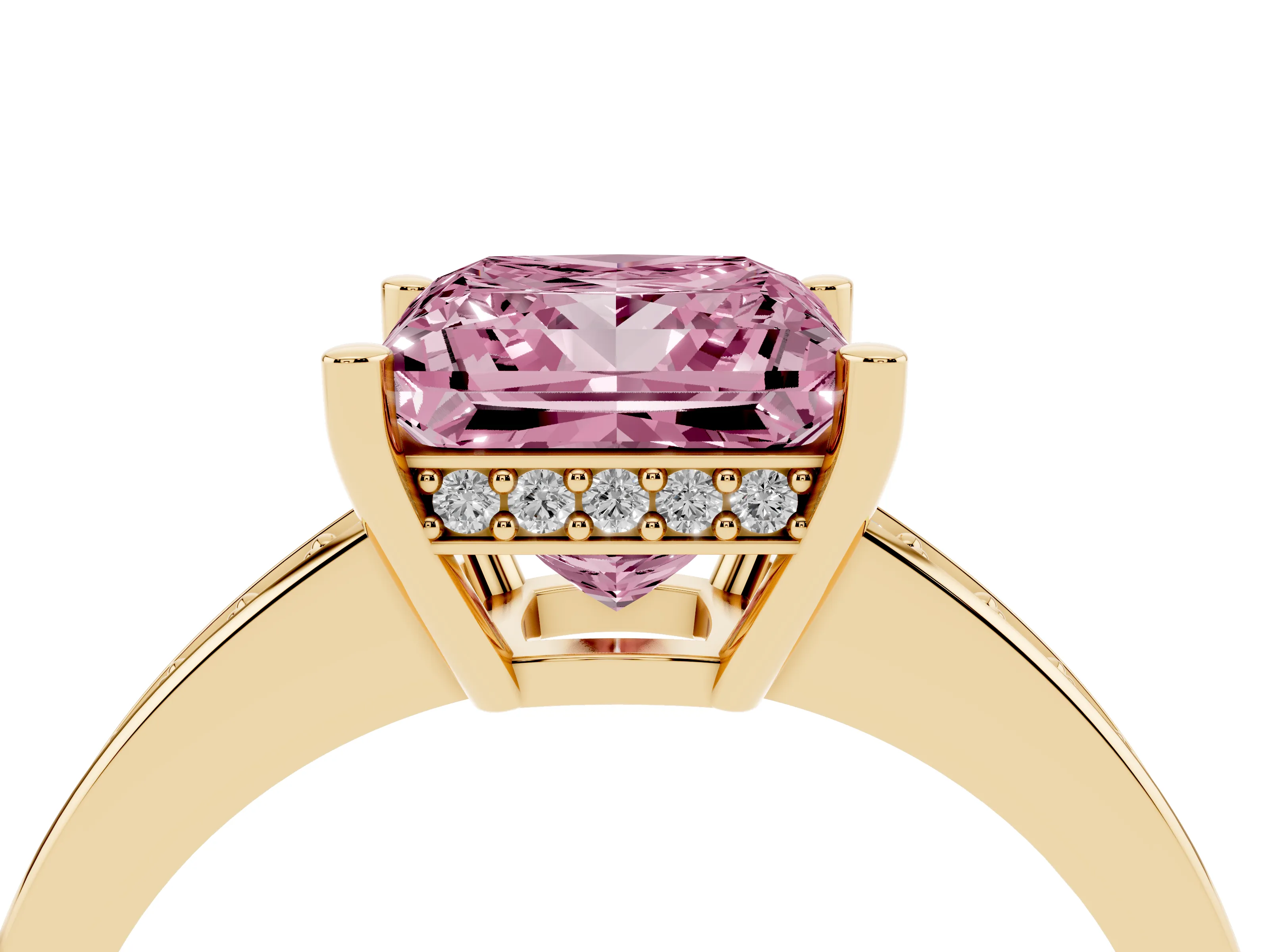 Fancy Pink Princess Cut Diamond Pavé Band Prong Set Solitaire Ring Set in Yellow gold