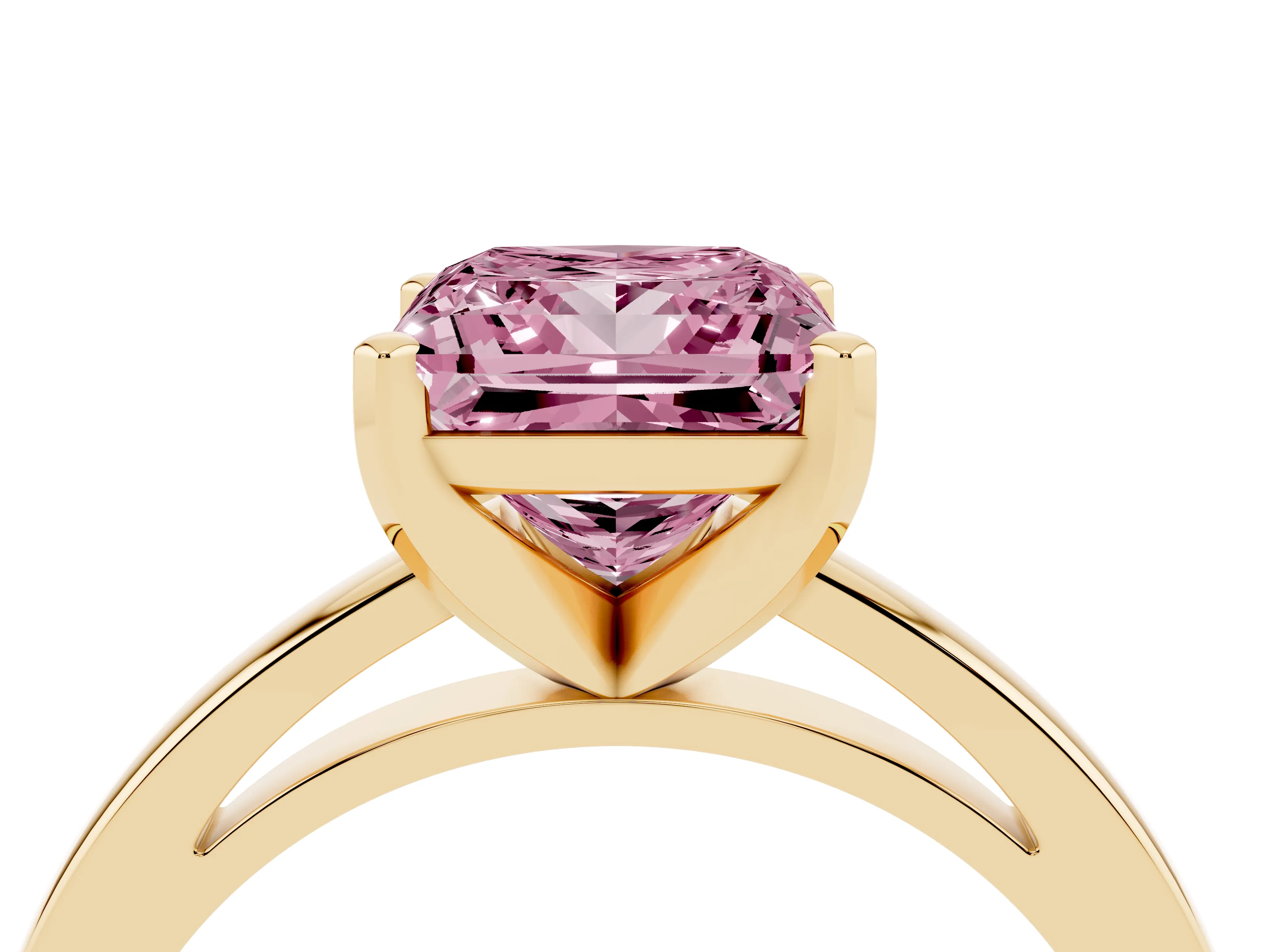 Fancy Pink Princess Cut Diamond Solitaire Engagement Ring Set in Yellow gold with Prong Setting on a Classic Band