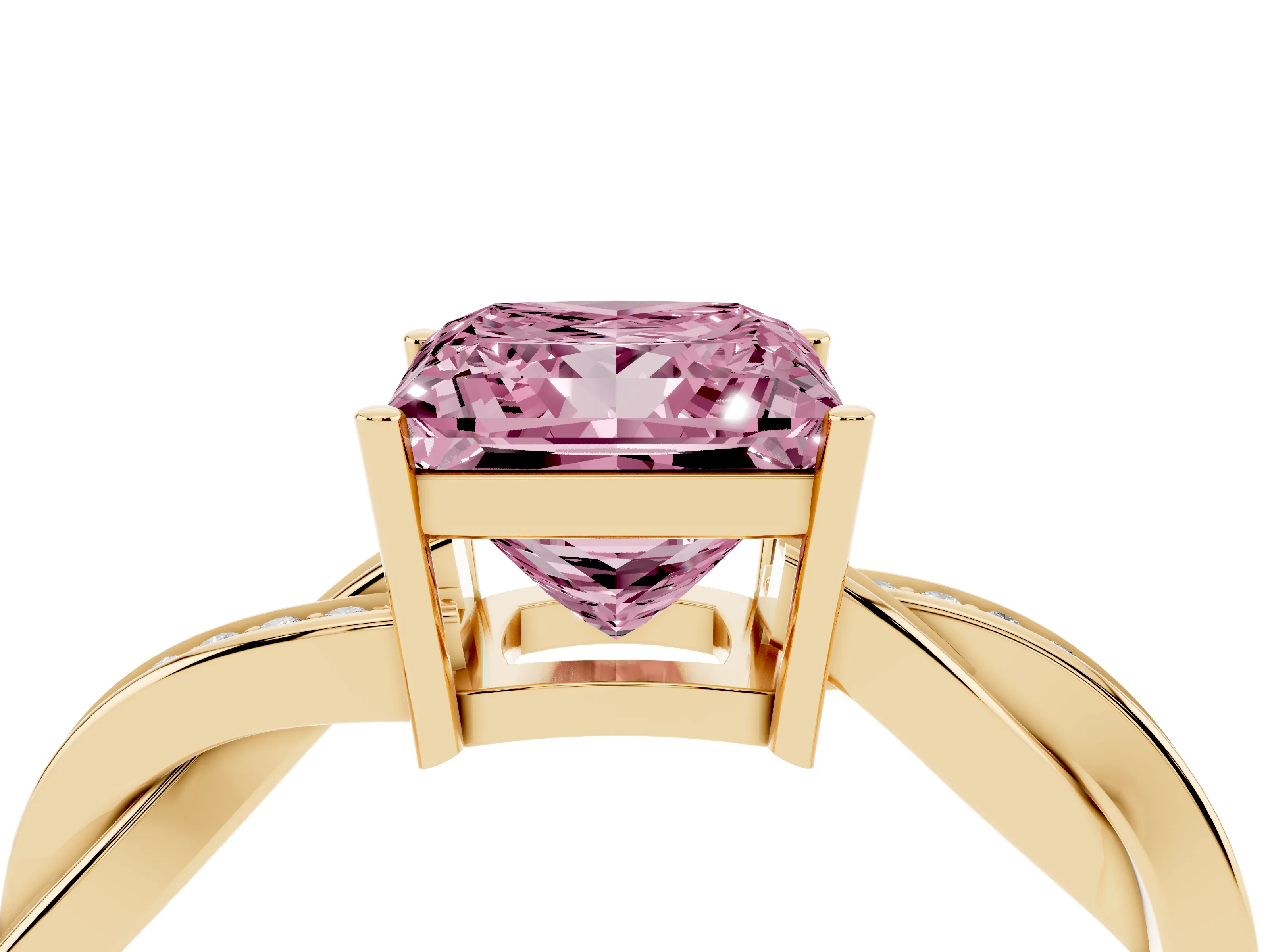 Fancy Pink Princess Cut Diamond Solitaire Twisted Pavé Ring Set in Yellow gold with Prong Setting