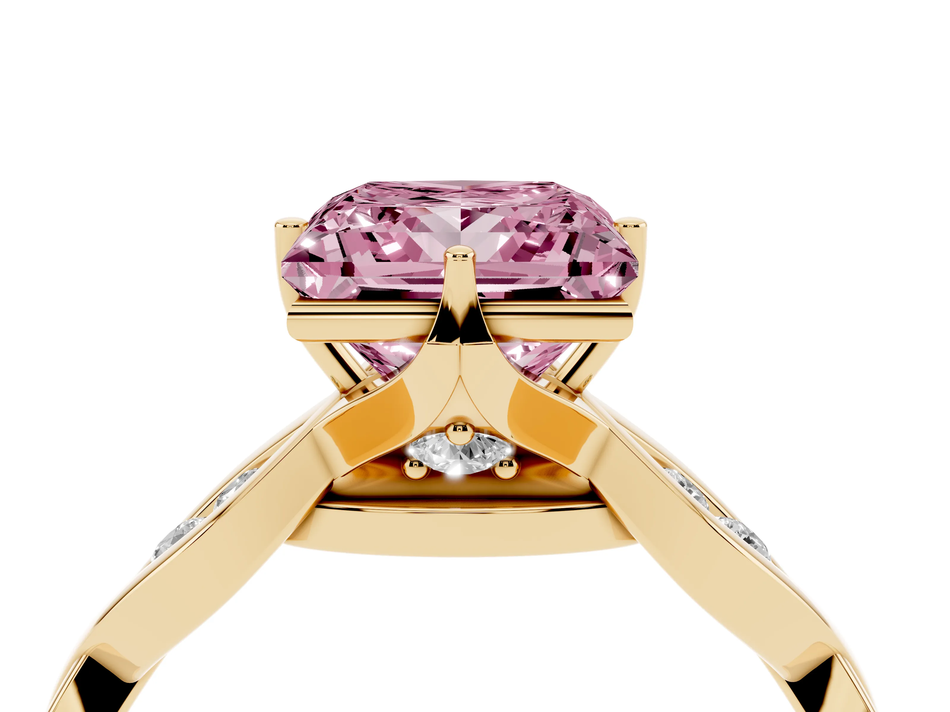 Fancy Pink Princess Cut Diamond Twist Band Solitaire Ring Set in Yellow gold with Leaf Prong Setting and Accent Stones