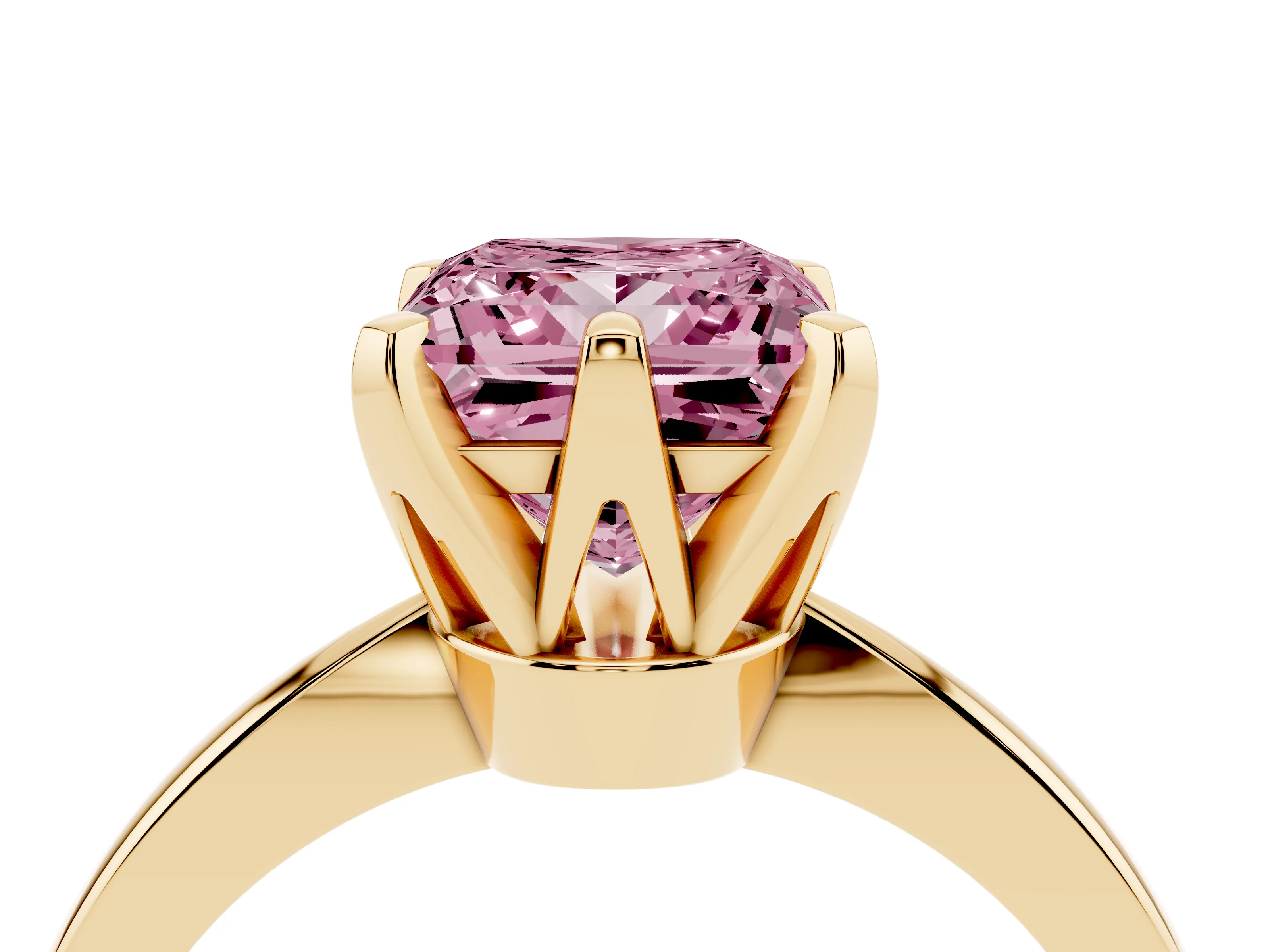 Fancy Pink Princess Cut Diamond Solitaire Engagement Ring Set in Yellow gold with Slim Tapered Solitaire Band