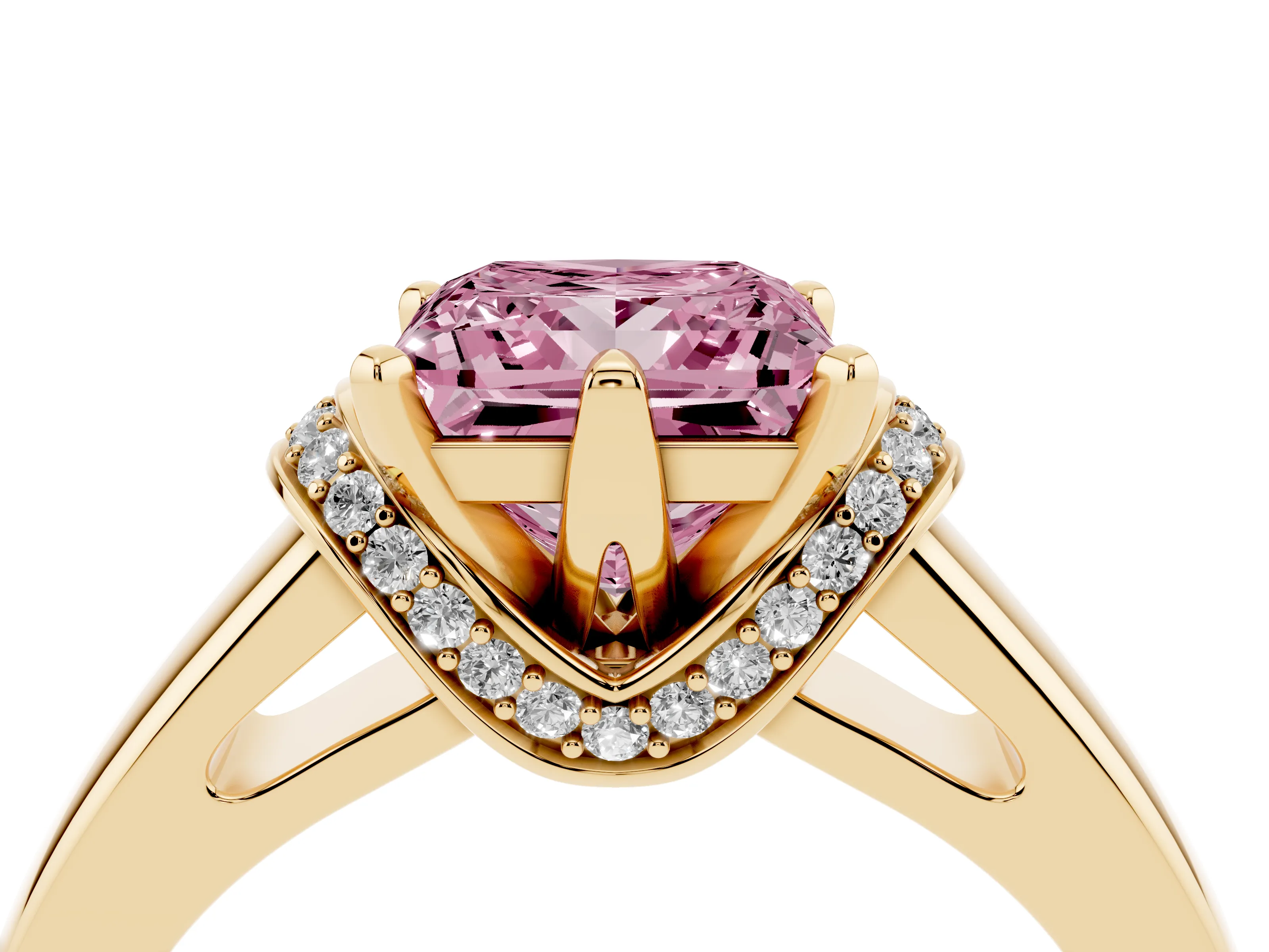 Fancy Pink Princess Cut Diamond Pavé Band Solitaire Ring Set in Yellow gold with Prong Setting