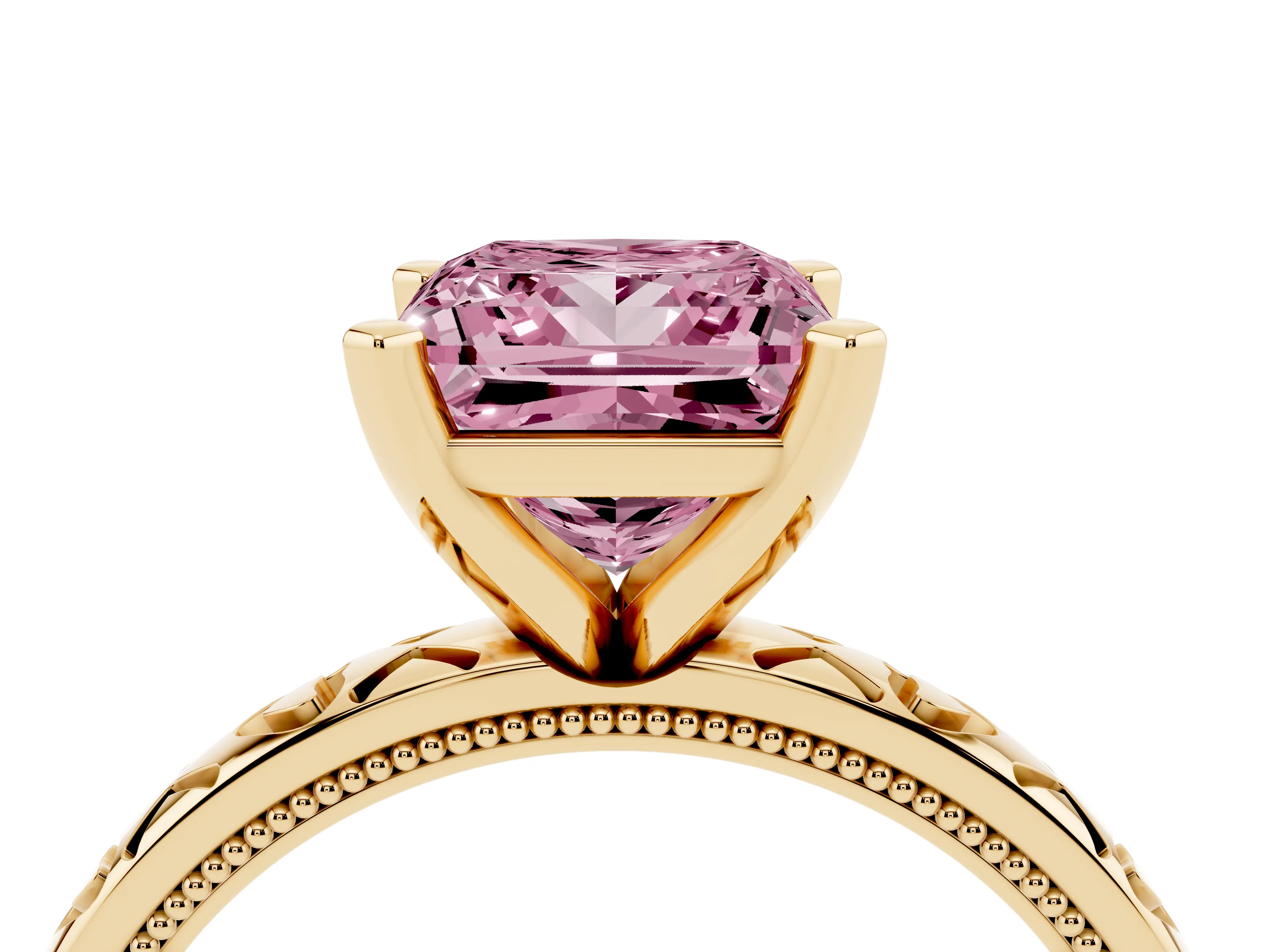 Fancy Pink Princess Cut Diamond Solitaire Engagement Ring Set in Yellow gold with XO Engraved Band and Prong Setting