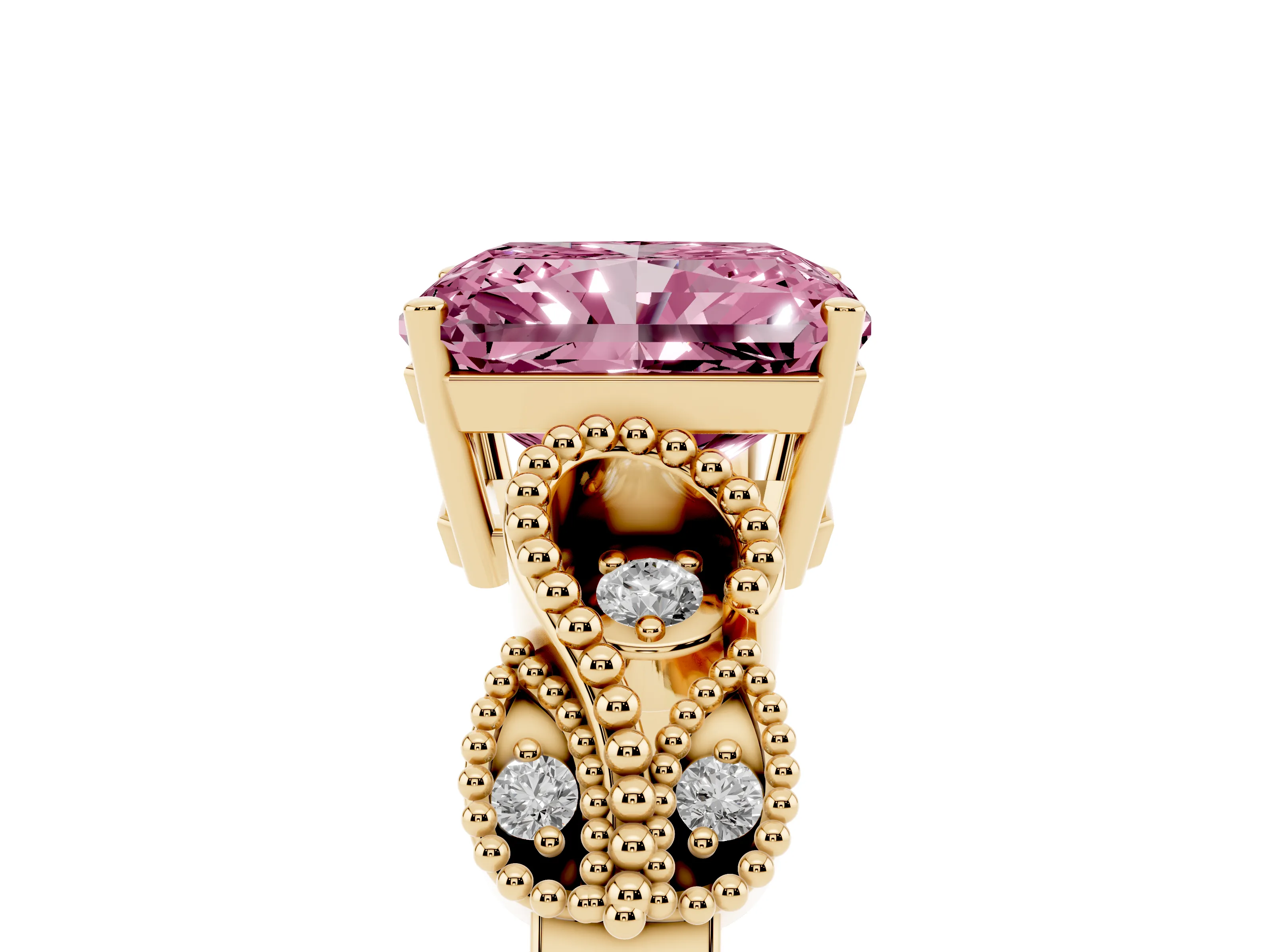 Fancy Pink Princess Cut Diamond Milgrain Leaf Band Solitaire Ring Set in Yellow gold with Accent Stones and Prong Setting