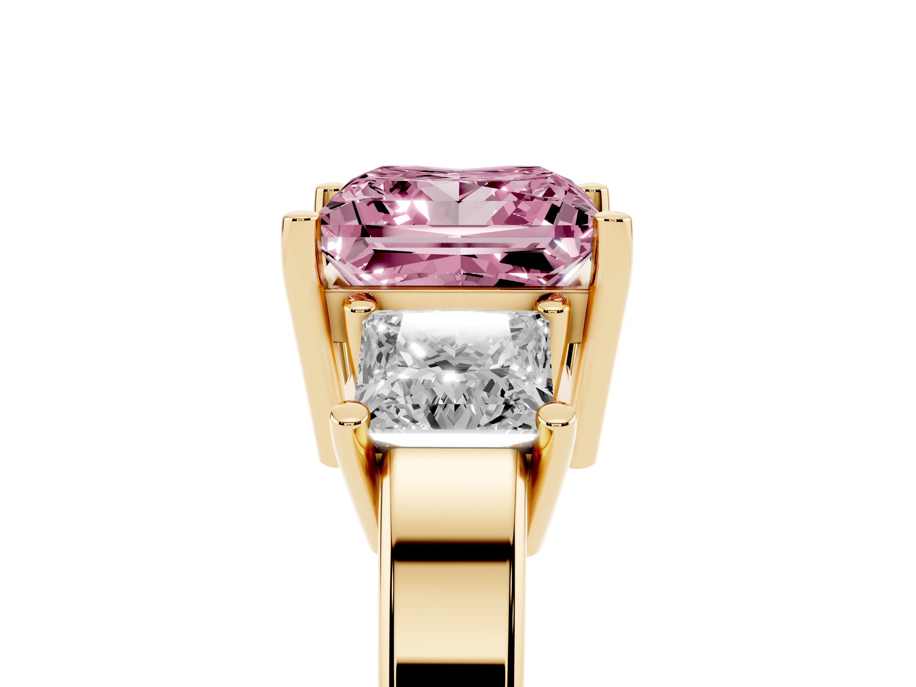 Fancy Pink Three-Stone Princess Cut Diamond Solitaire Ring Set in Yellow gold with Prong Setting