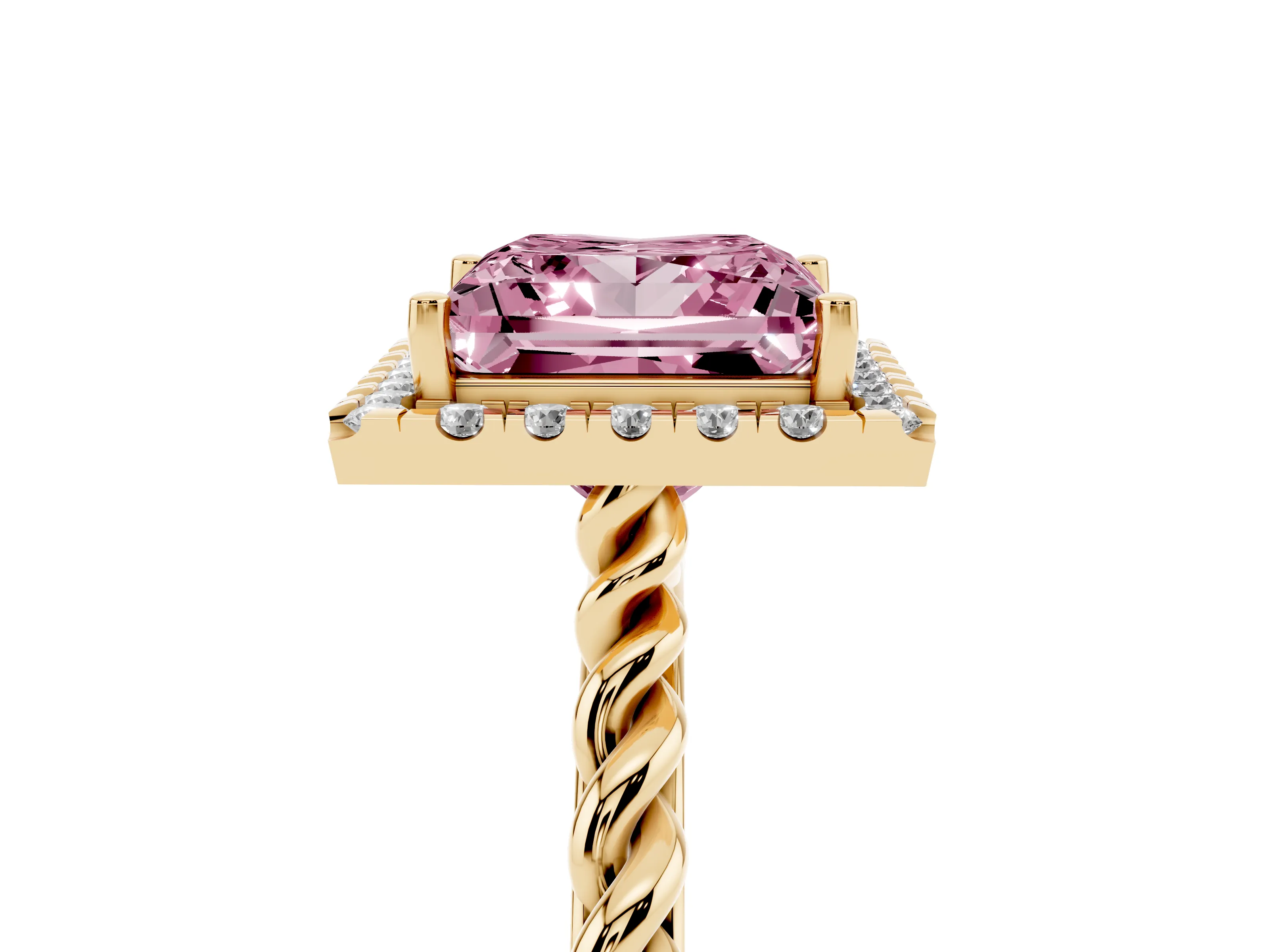 Fancy Pink Princess Cut Diamond Halo Ring Set in Yellow gold with Plain Twisted Band