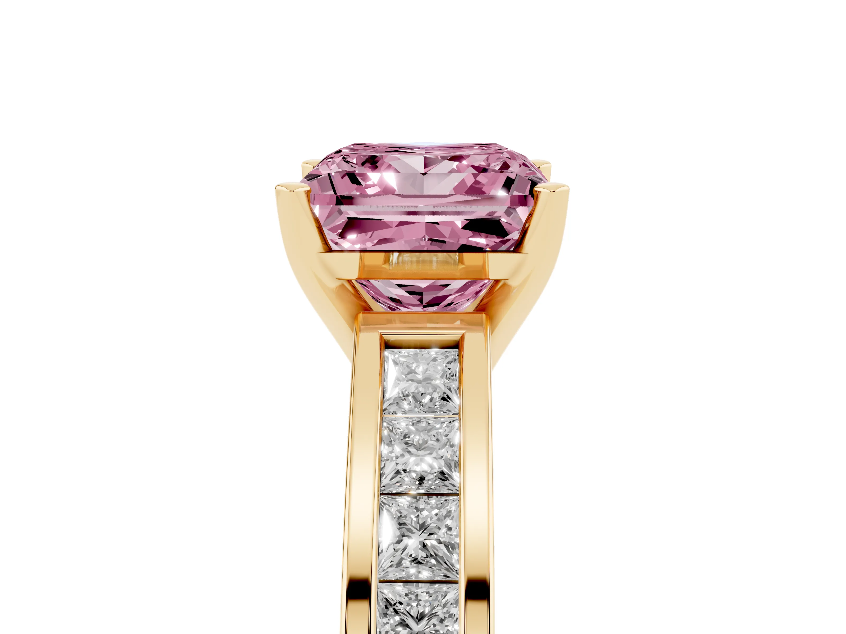 Fancy Pink Princess Cut Diamond Solitaire Ring Set in Yellow gold with Channel-Set Band and Prong Setting