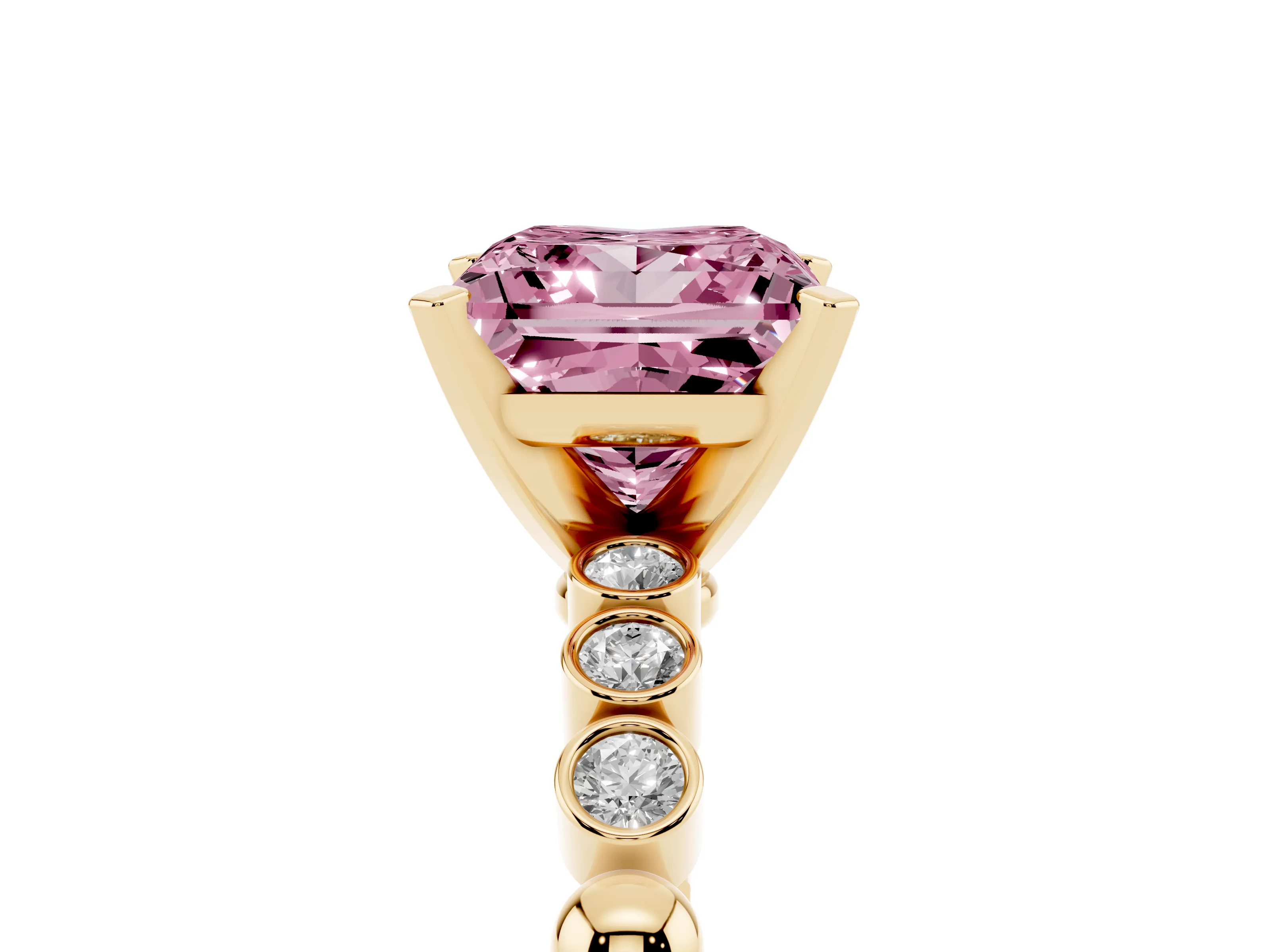 Fancy Pink Princess Cut Diamond Solitaire Engagement Ring Set in Yellow gold with Bezel Accents on Beaded Band