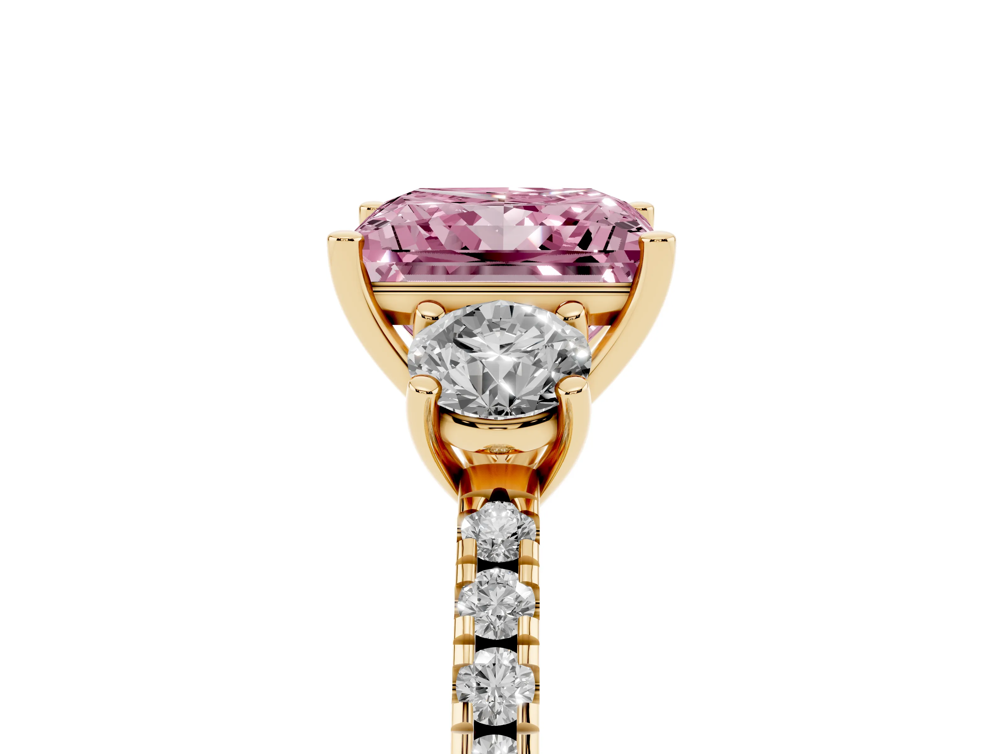 Fancy Pink Princess Cut Diamond Three-Stone Ring Set in Yellow gold with Pavé Band and Graduated Sides