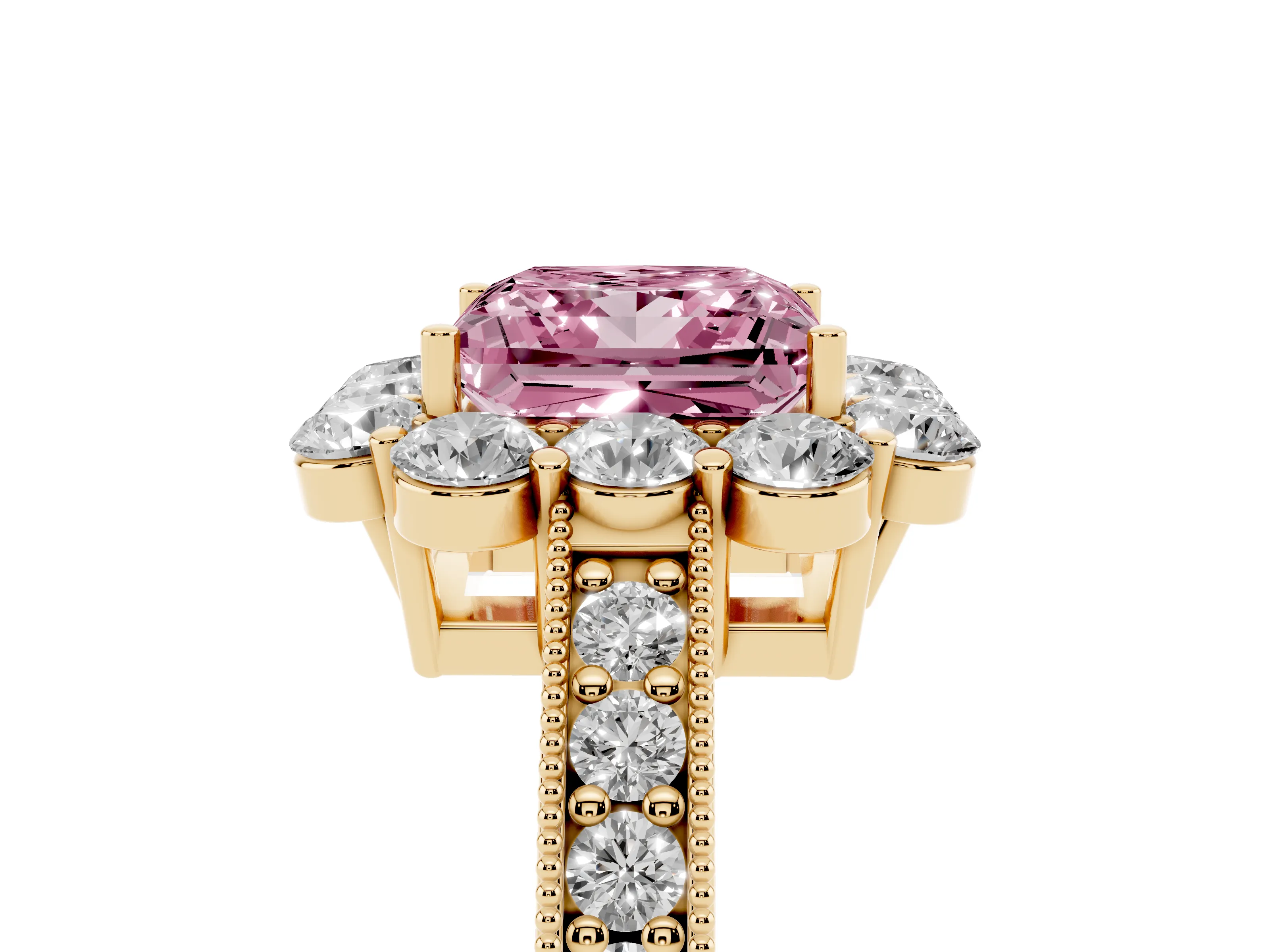 Fancy Pink Princess Cut Diamond Halo Pavé Engagement Ring Set in Yellow gold with Milgrain Detailing