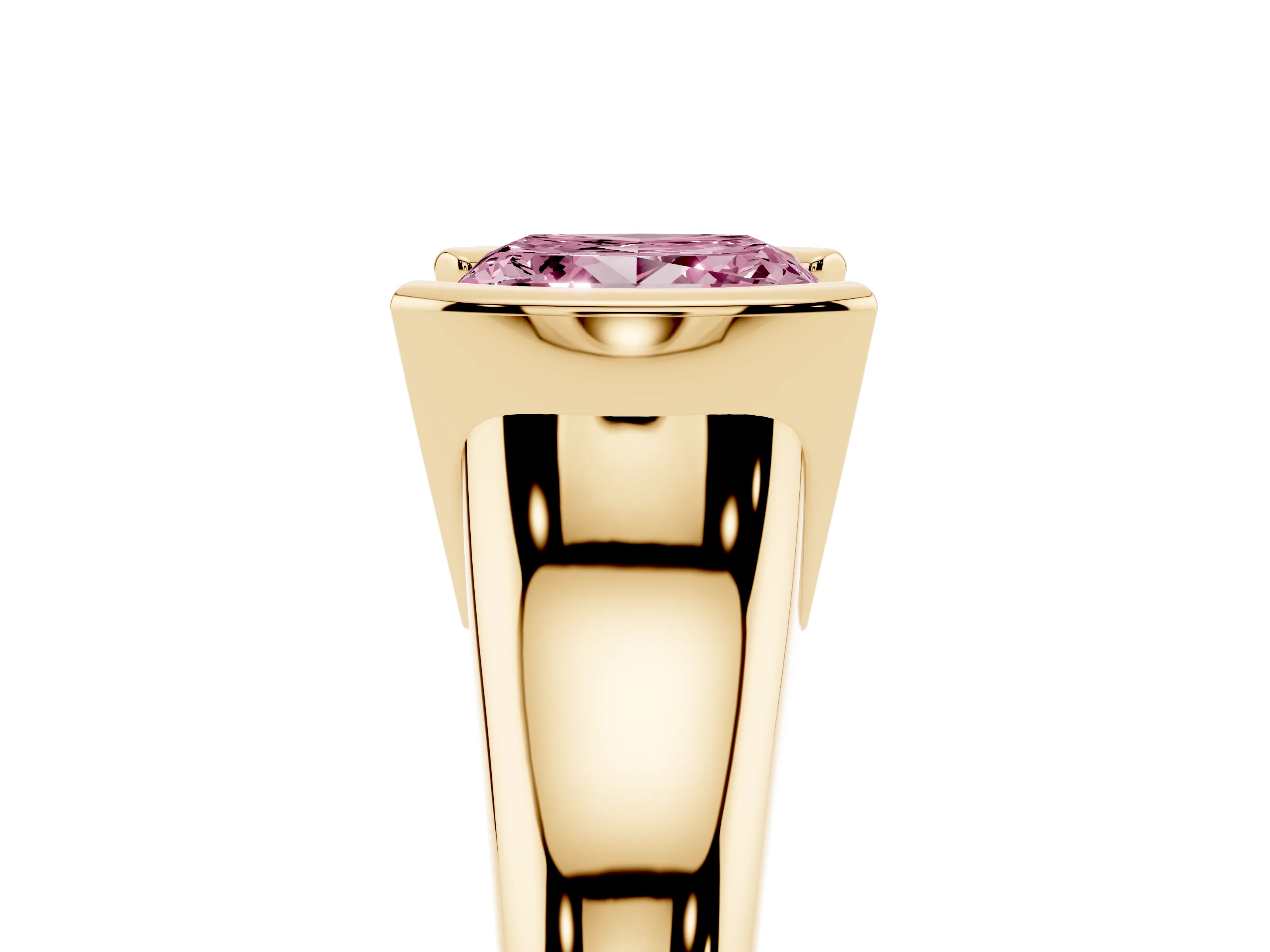 Fancy Pink Princess Cut Diamond Solitaire Tension Set Ring Set in Yellow gold with Split Shank Band