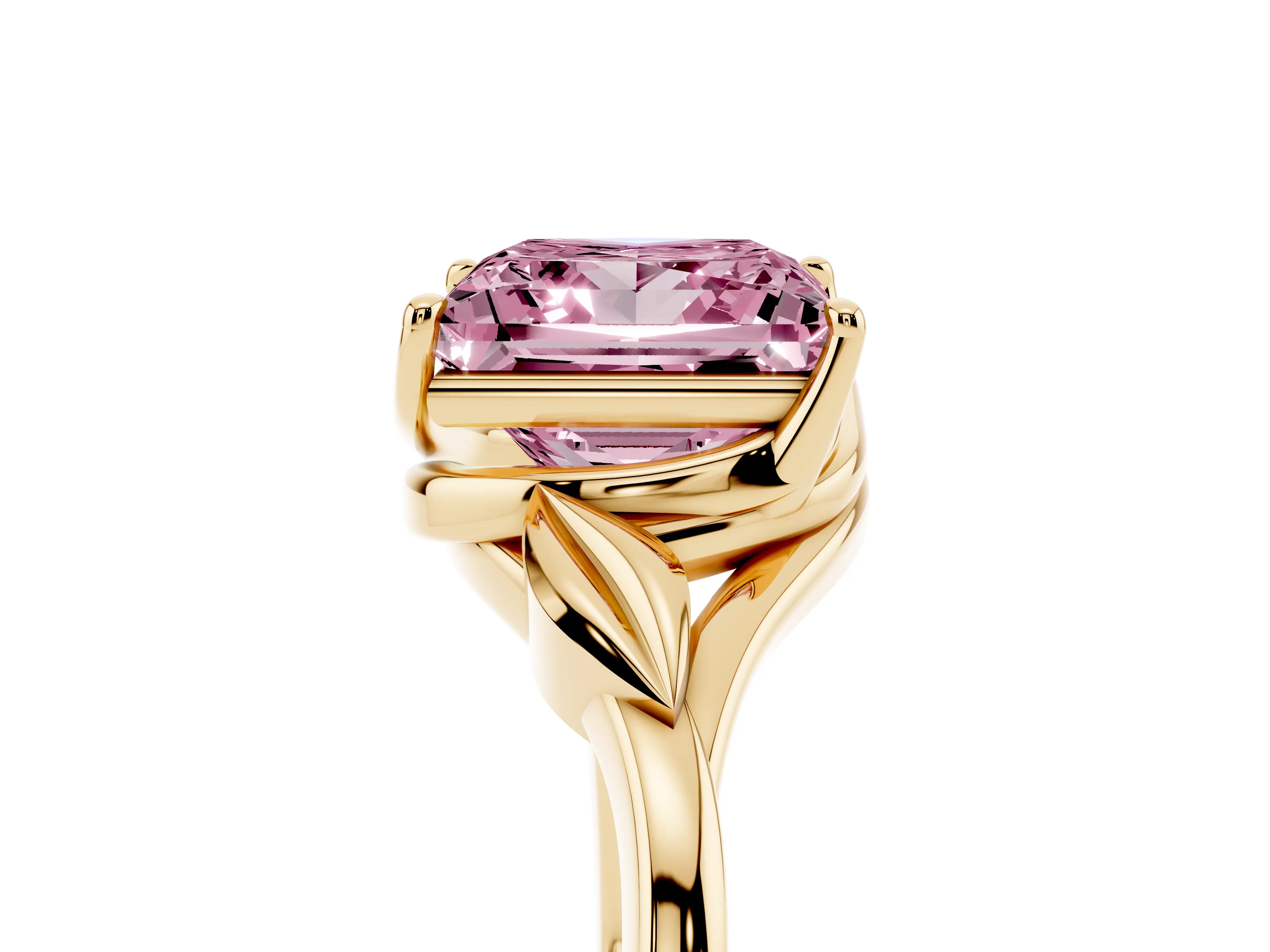 Fancy Pink Princess Cut Diamond Solitaire Ring Set in Yellow gold with Polished Twist Band