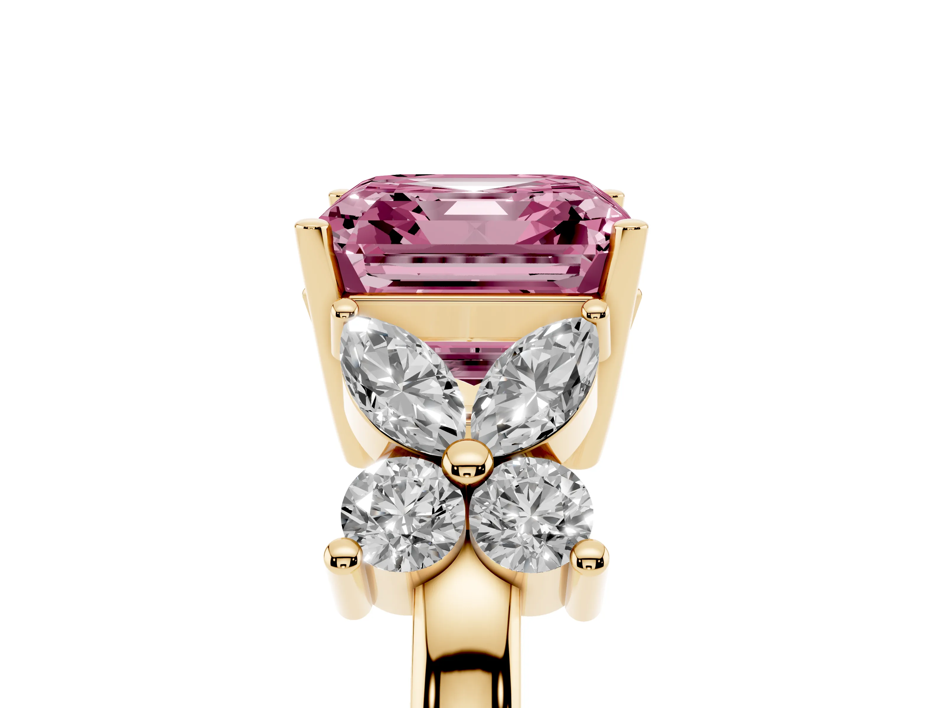 Fancy Pink Princess Cut Diamond Floral Cluster Ring Set in Yellow gold with Marquise Petals and Prong Setting