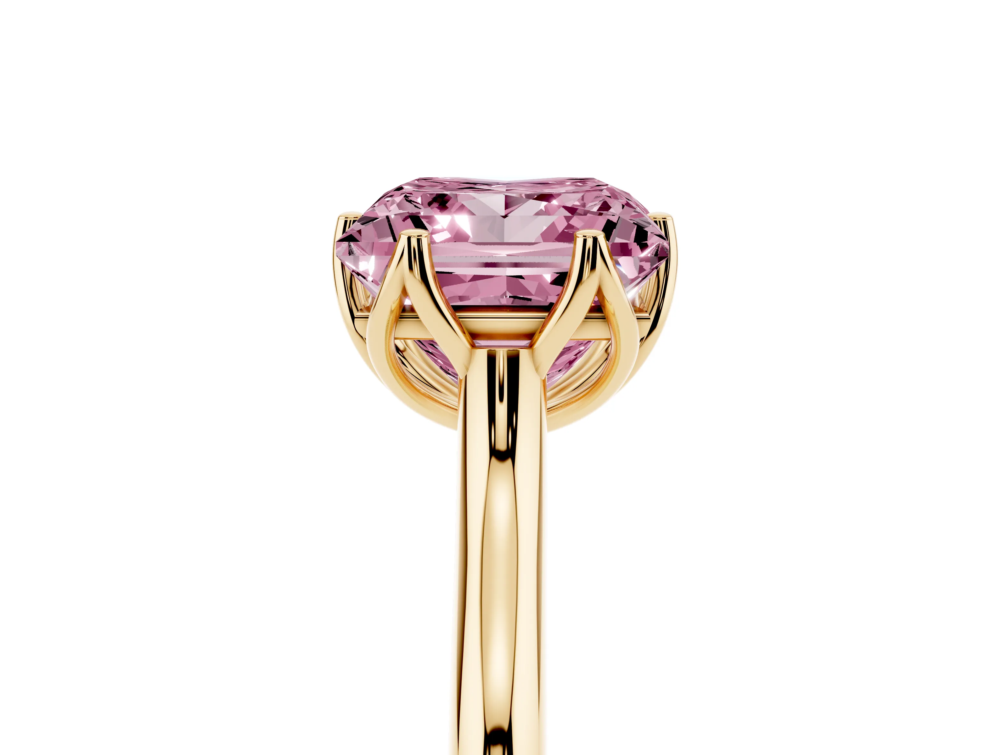 Fancy Pink Princess Cut Diamond Solitaire Cathedral Ring Set in Yellow gold with Prong Setting