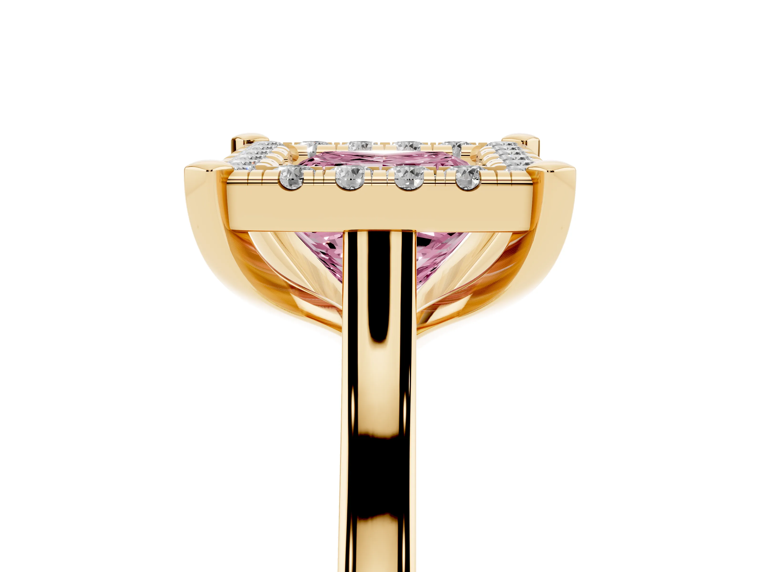 Fancy Pink Princess Cut Diamond Cluster Halo Solitaire Ring Set in Yellow gold with Prong Setting