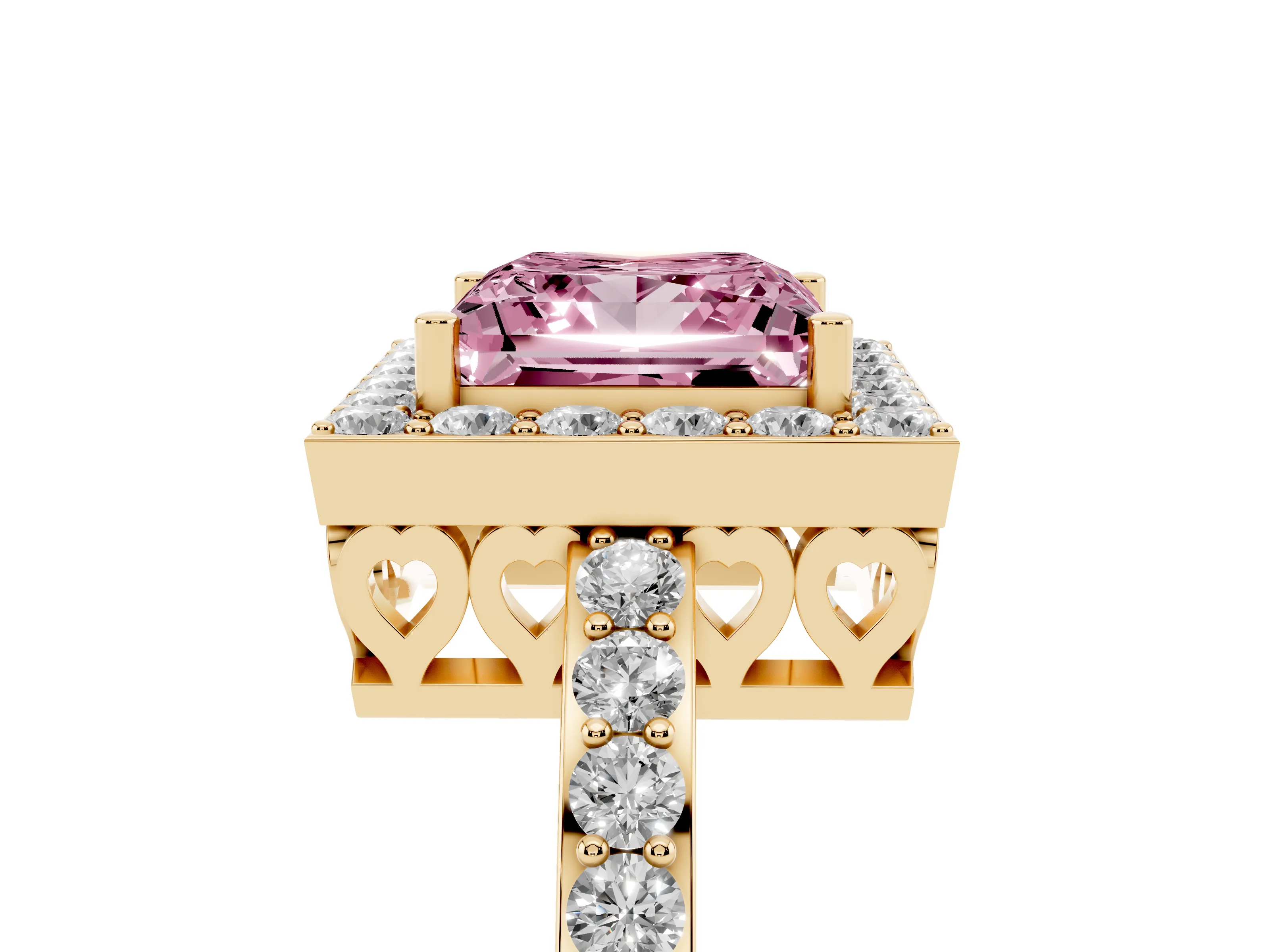 Fancy Pink Princess Cut Diamond Halo Ring Set in Yellow gold with Pavé-Setting Band and Open Prong Center