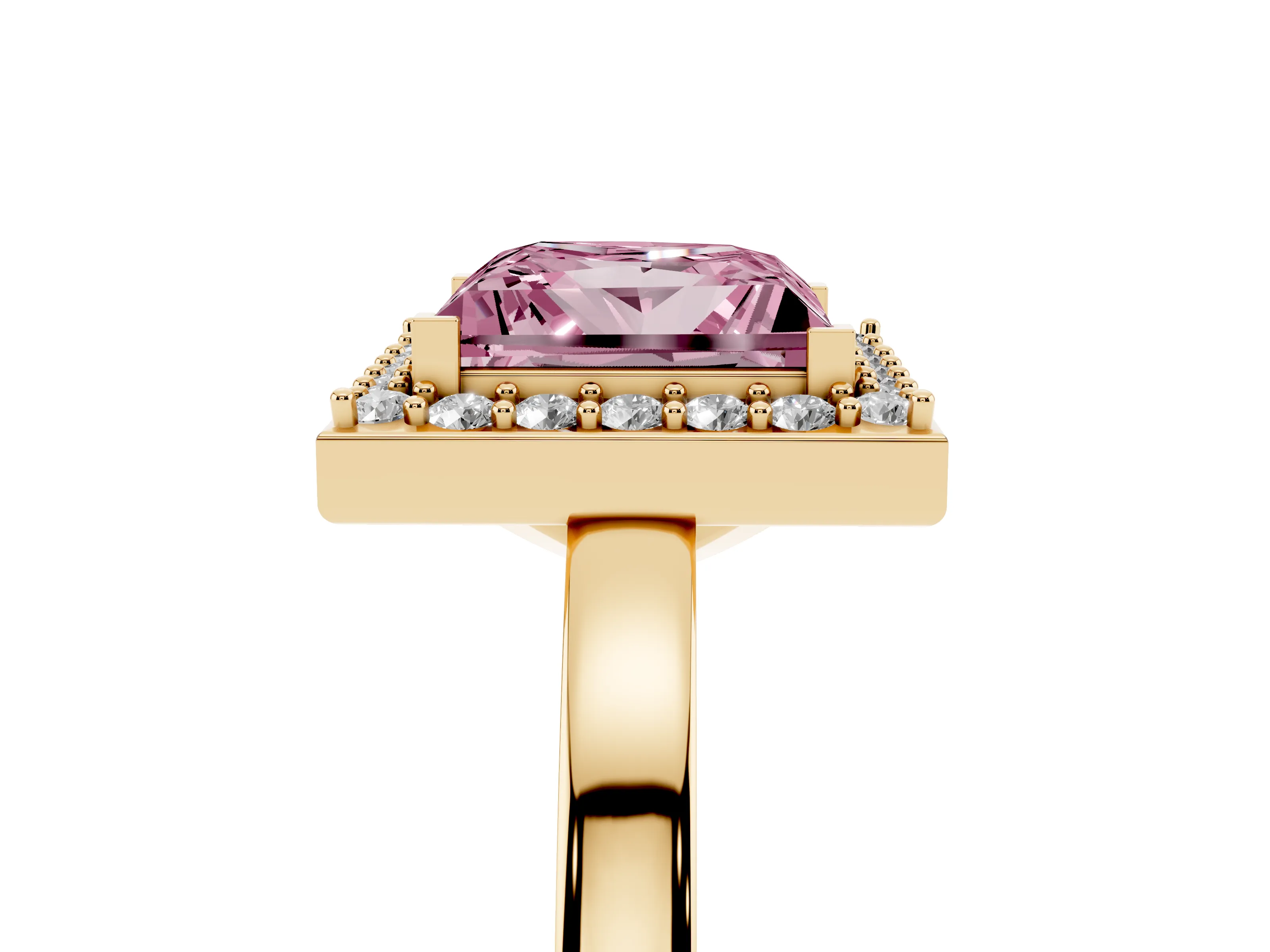 Fancy Pink Princess Cut Diamond Halo Ring Set in Yellow gold with Solitaire Band and Prong Setting