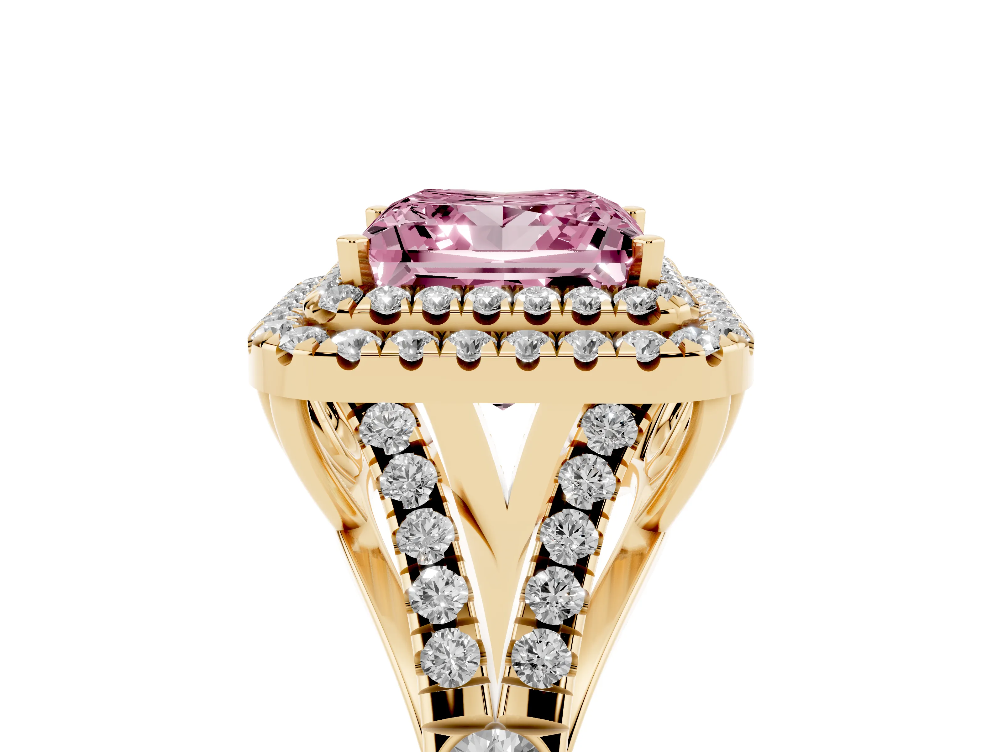 Fancy Pink Princess Cut Diamond Pavé Split Shank Double Halo Engagement Ring Set in Yellow gold