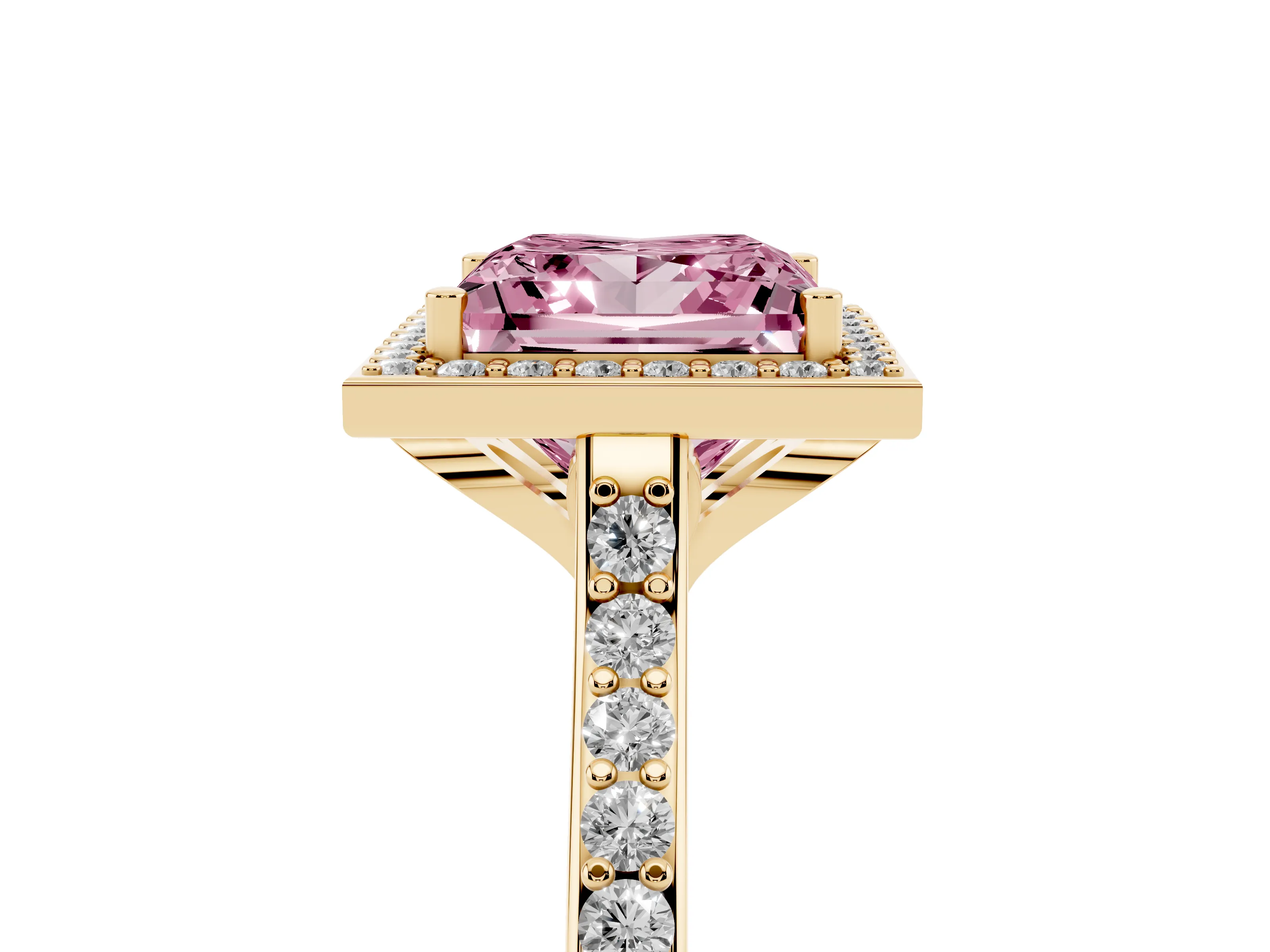 Fancy Pink Princess Cut Diamond Halo Engagement Ring Set in Yellow gold with Round Pavé Shoulders and Heart Gallery