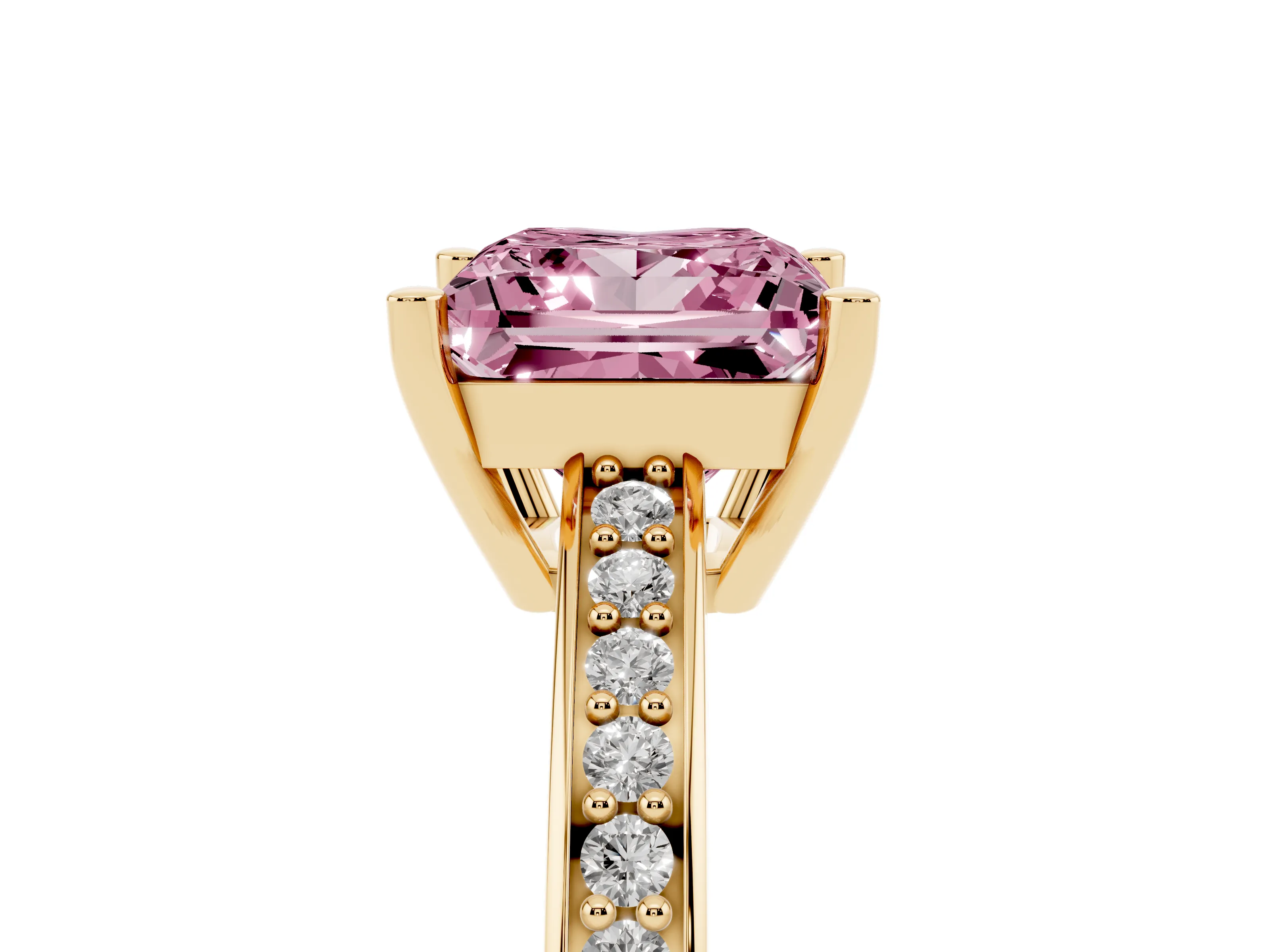 Fancy Pink Princess Cut Diamond Pavé Band Prong Set Solitaire Ring Set in Yellow gold