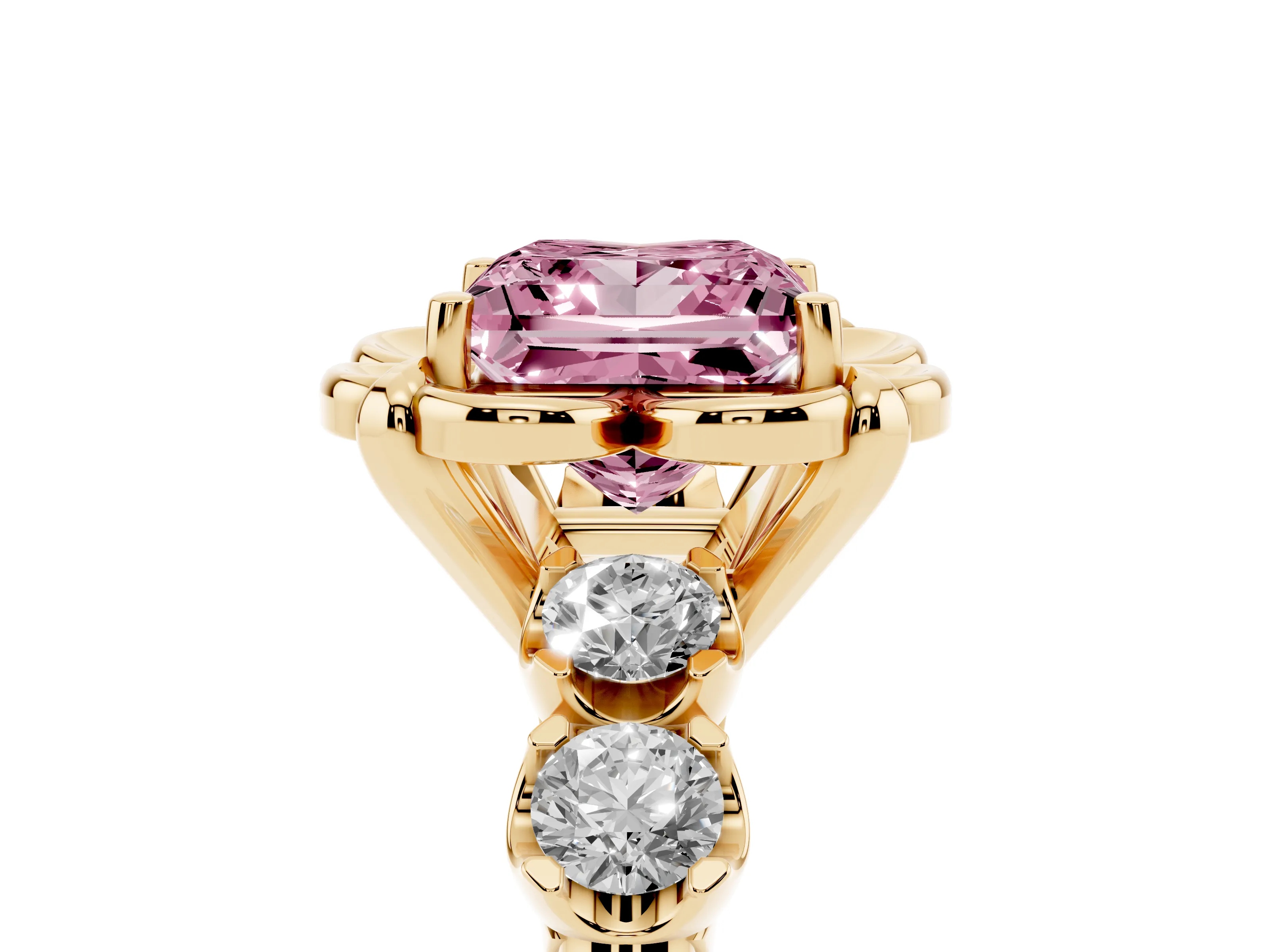 Fancy Pink Princess Cut Diamond Floral Halo Ring Set in Yellow gold with Shared Prong Band