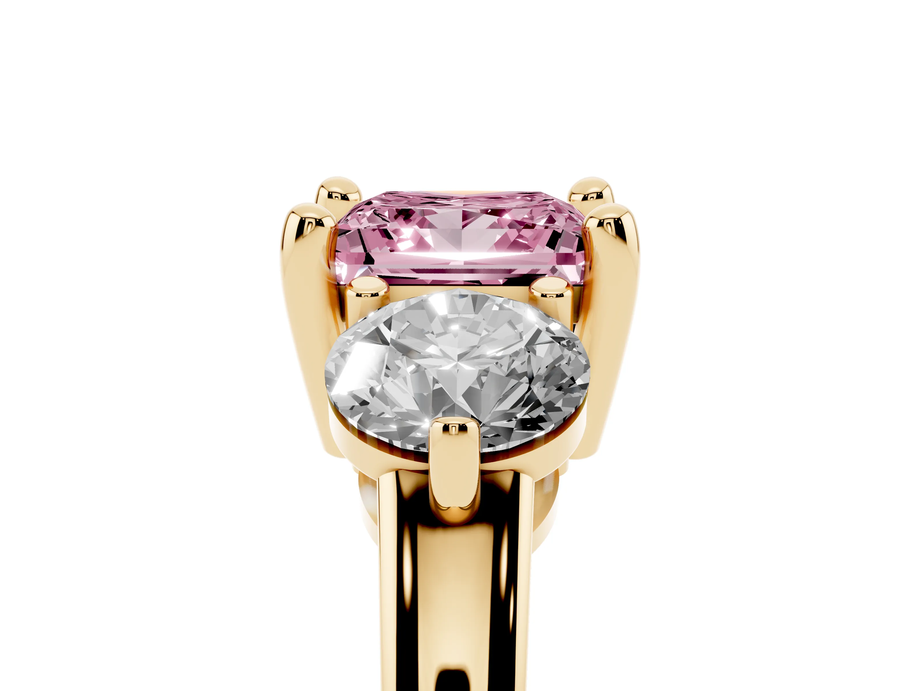 Fancy Pink Princess Cut Diamond Three-Stone Ring Set in Yellow gold with Prong Setting and Classic Band